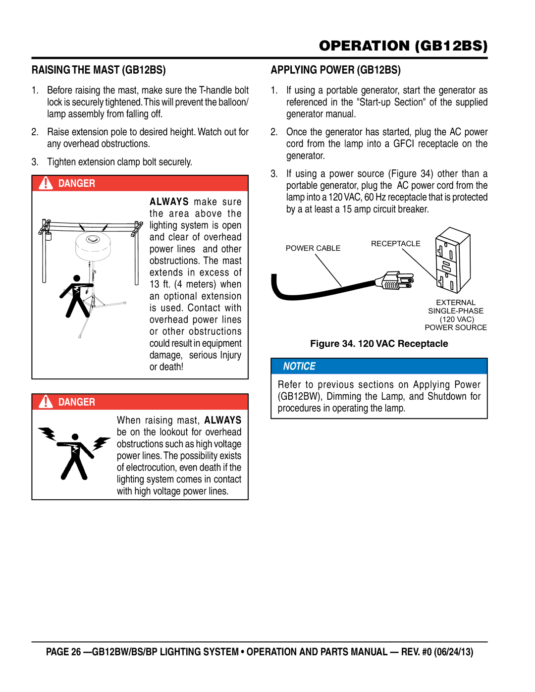 Multiquip GB12BW, GB12BP manual Operation gb12bS, Raising the Mast GB12BS, Applying Power GB12BS 