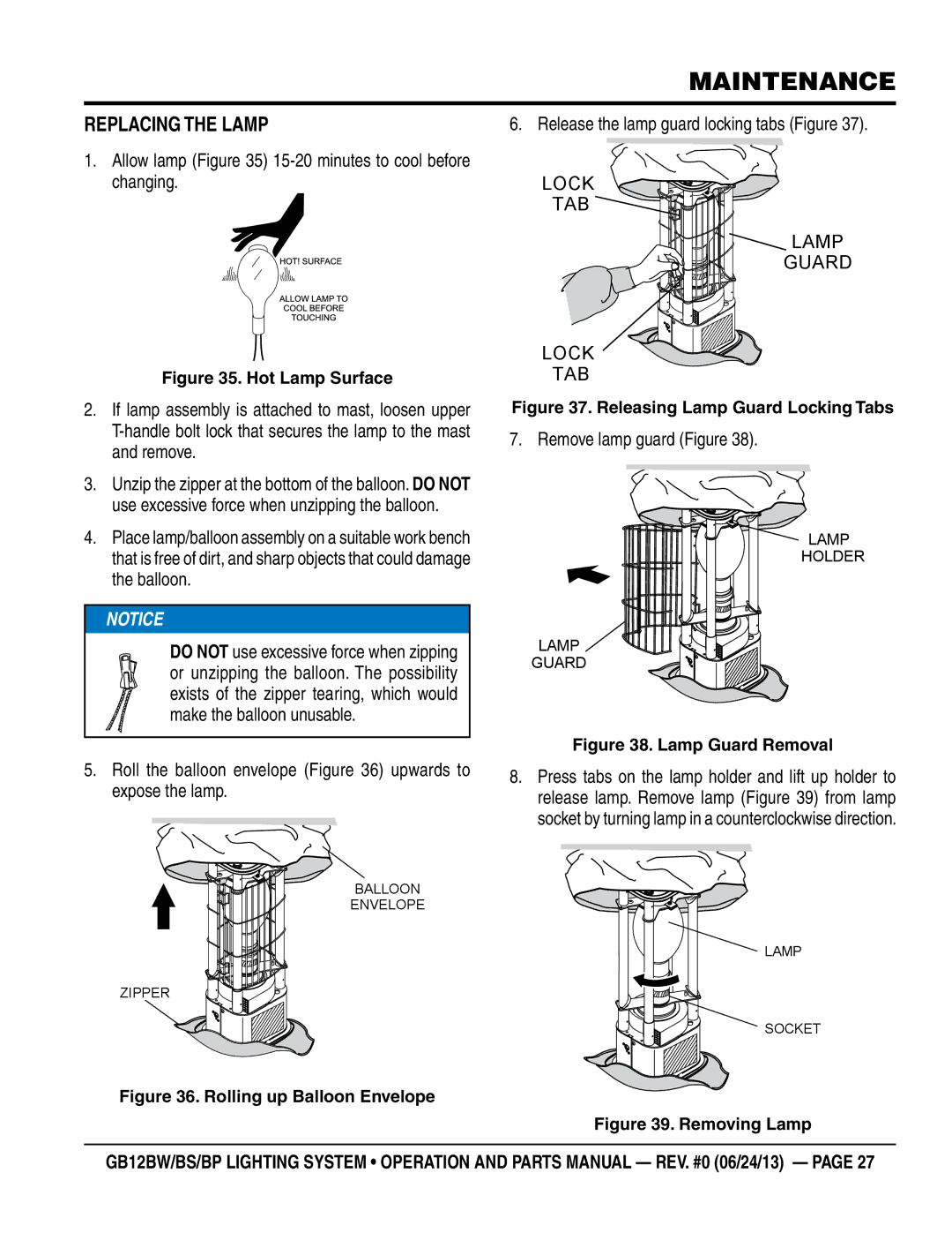 Multiquip GB12BW, GB12BP, GB12BS manual Maintenance, Replacing the Lamp 