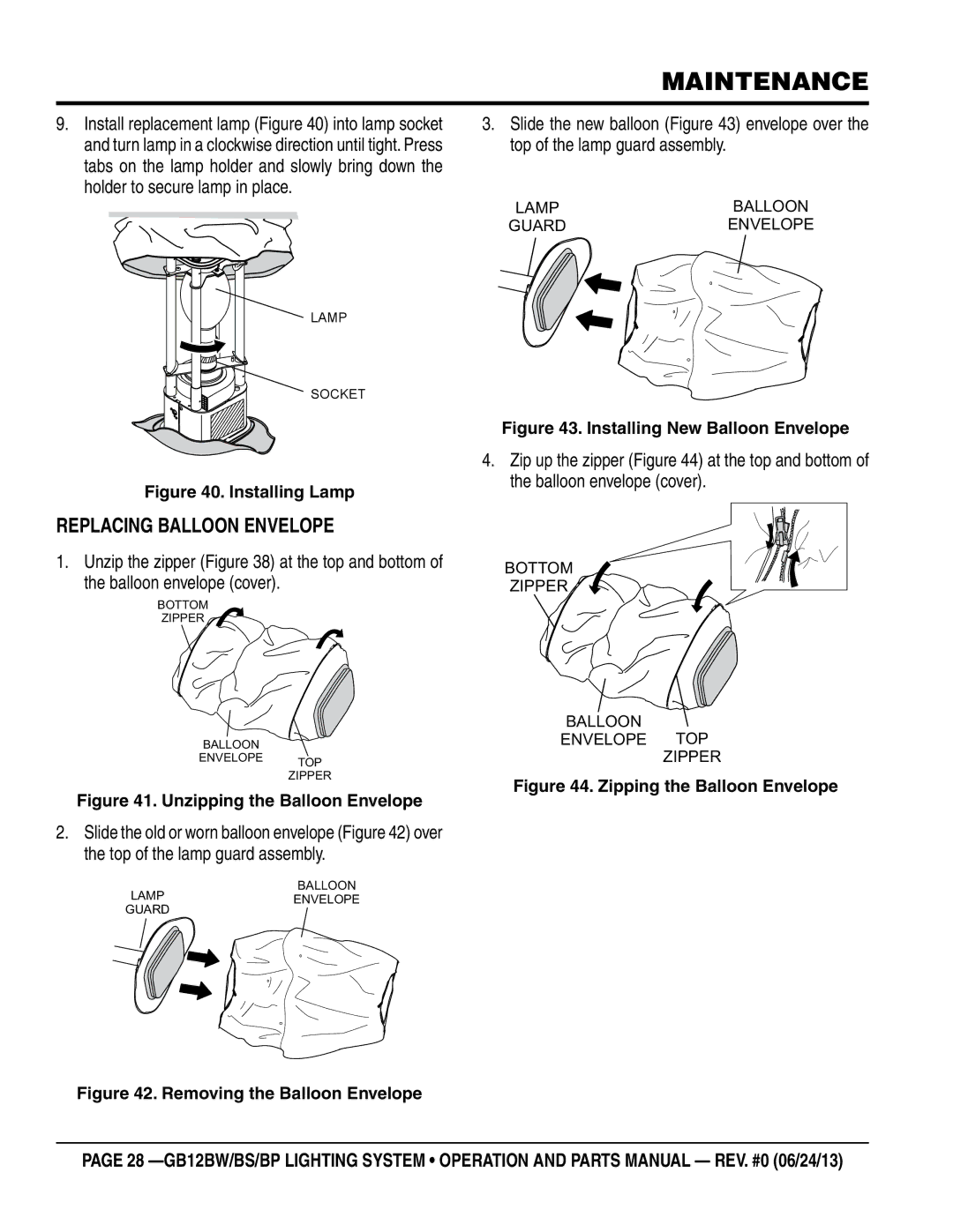 Multiquip GB12BP, GB12BW, GB12BS manual Replacing Balloon Envelope, Installing Lamp 