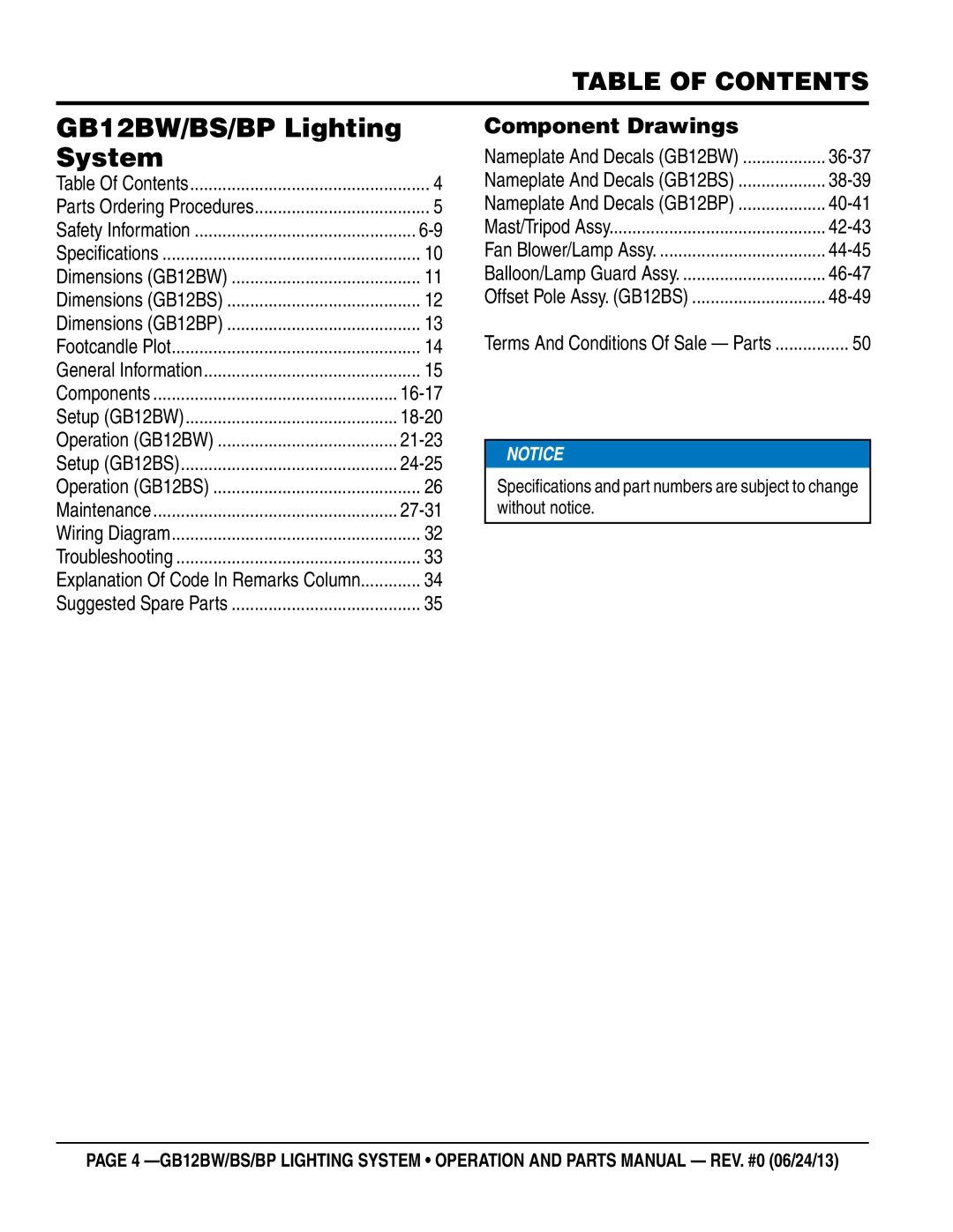 Multiquip GB12BP, GB12BS manual GB12BW/BS/BP Lighting System, Table of Contents 