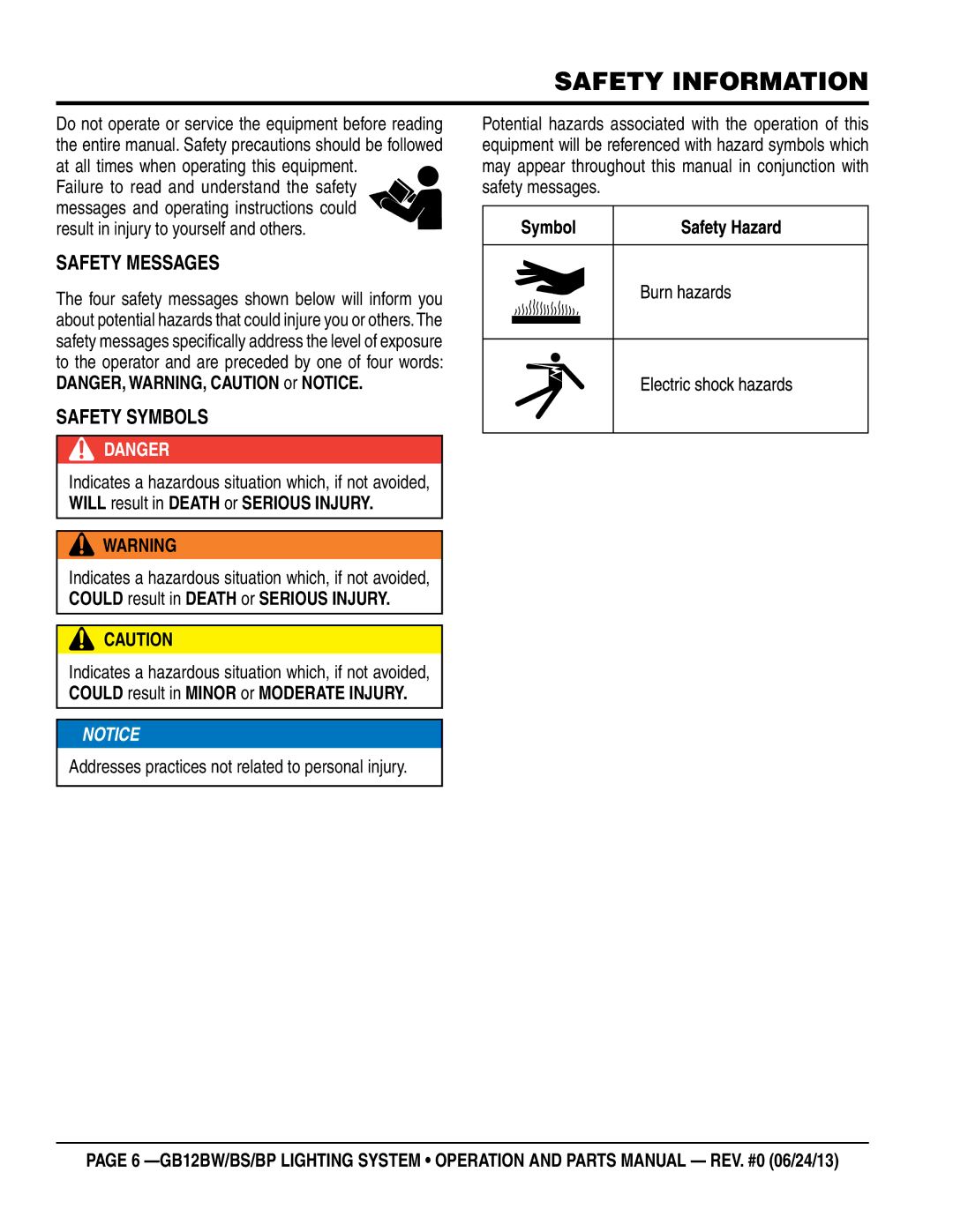 Multiquip GB12BW, GB12BP, GB12BS manual Safety information, SaFeTY Messages, SaFeTY sYMboLs 