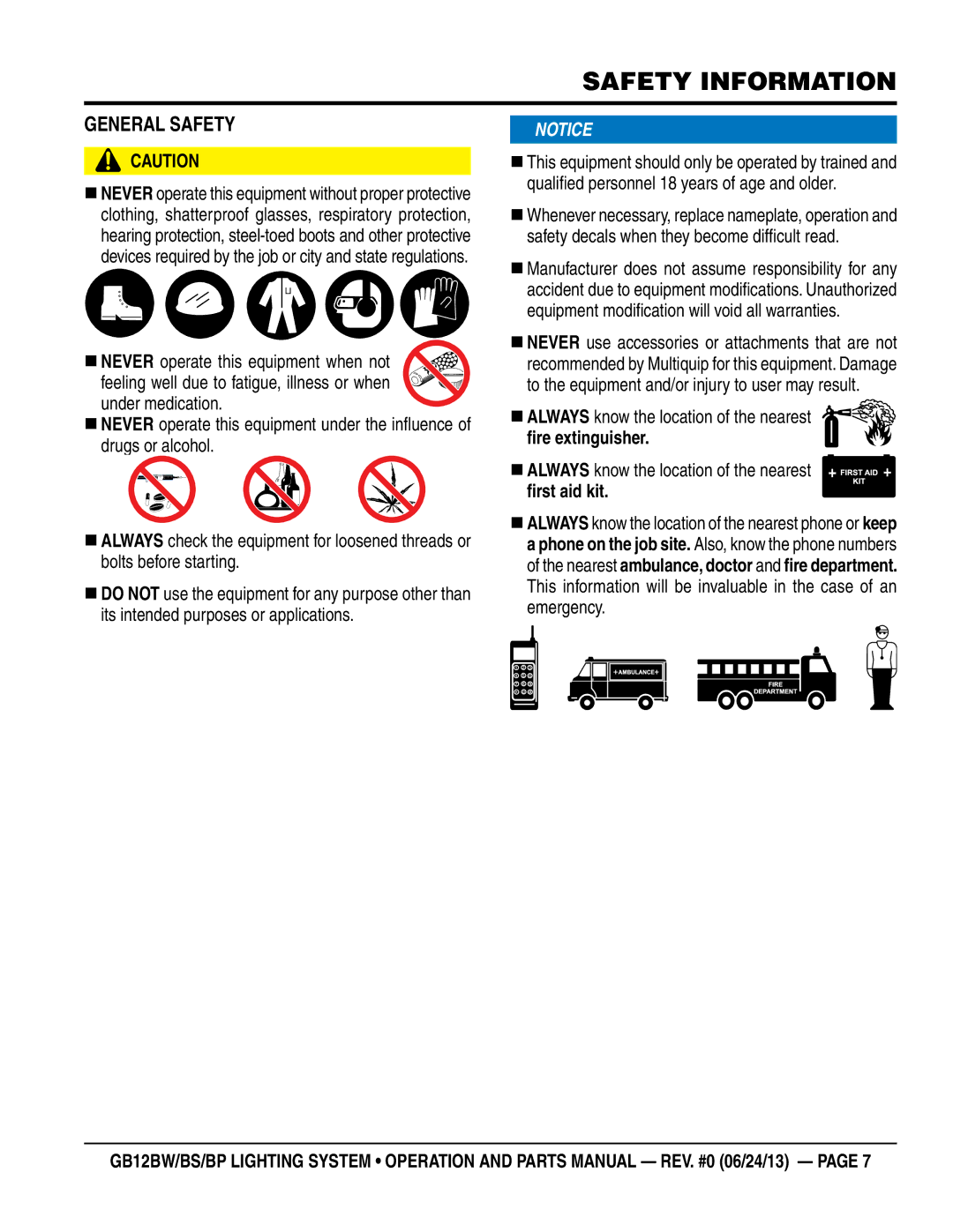 Multiquip GB12BP, GB12BW, GB12BS manual GeNeraL saFeTY 