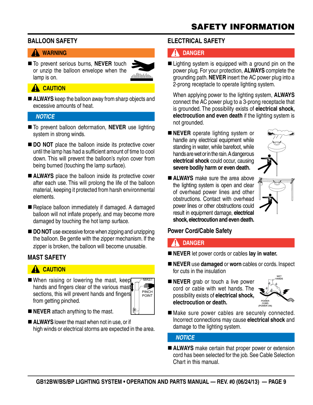 Multiquip GB12BW, GB12BP, GB12BS manual BaLLooN saFeTY, MasT saFeTY, ELeCTrICaL saFeTY, Power Cord/Cable safety 