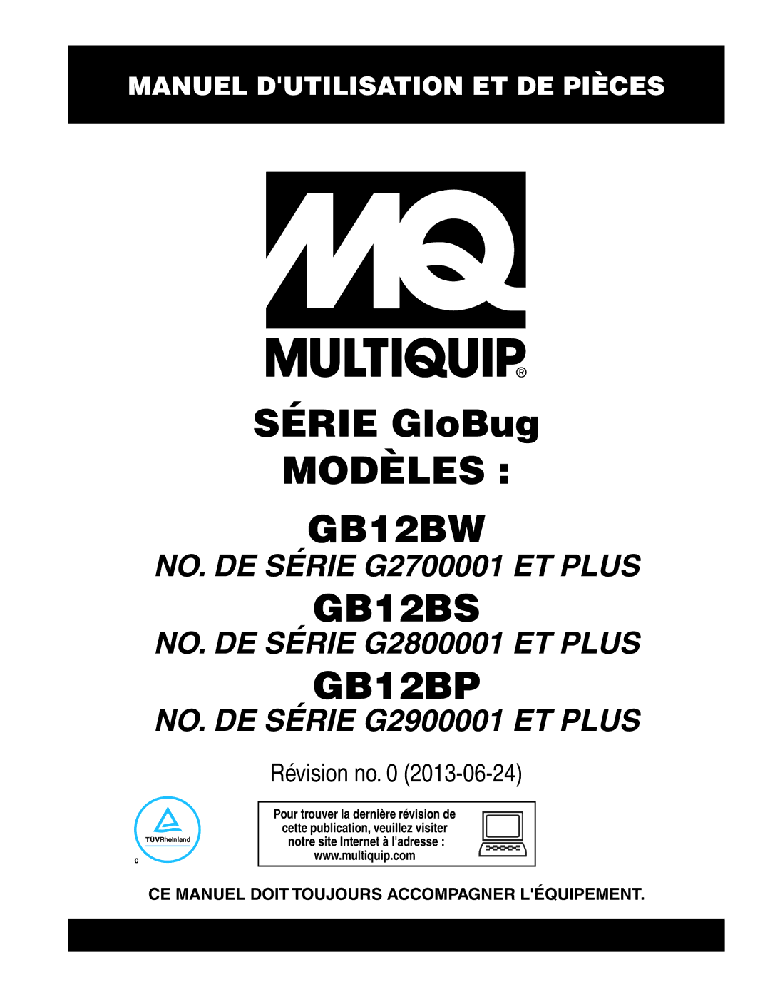 Multiquip GB12BP, GB12BS manuel dutilisation Modèles GB12BW 