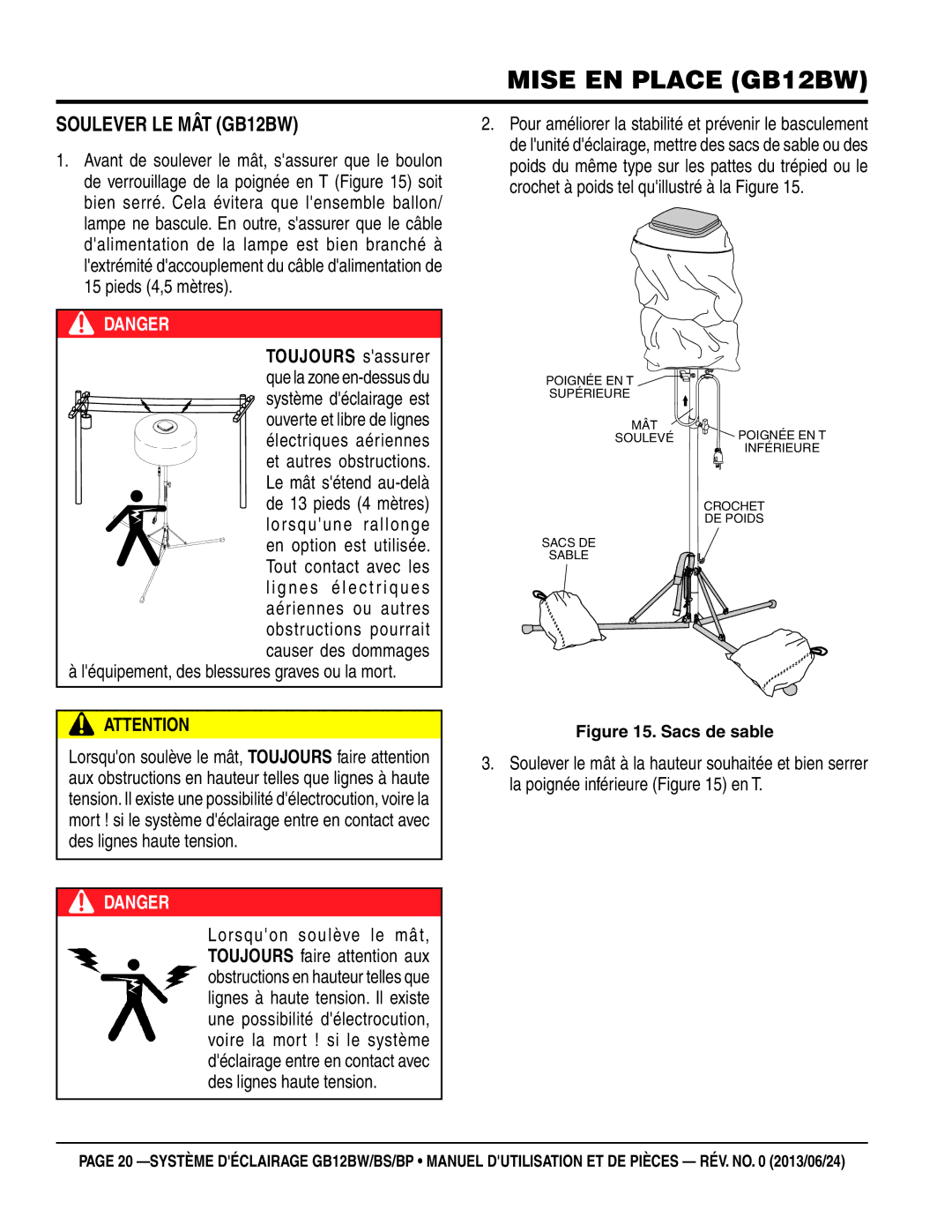 Multiquip GB12BS, GB12BP manuel dutilisation Soulever le mât GB12BW, De 13 pieds 4 mètres 