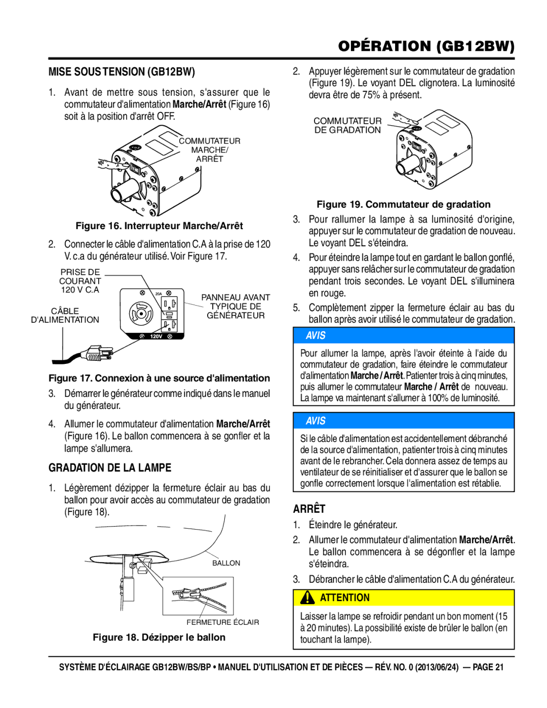 Multiquip GB12BP, GB12BS manuel dutilisation Opération gb12bw, Mise sous tension GB12BW, Gradation de la lampe 