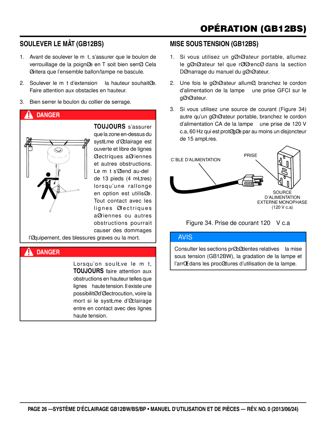 Multiquip GB12BW, GB12BP manuel dutilisation Opération gb12bS, Soulever le mât GB12BS, Mise sous tension GB12BS 