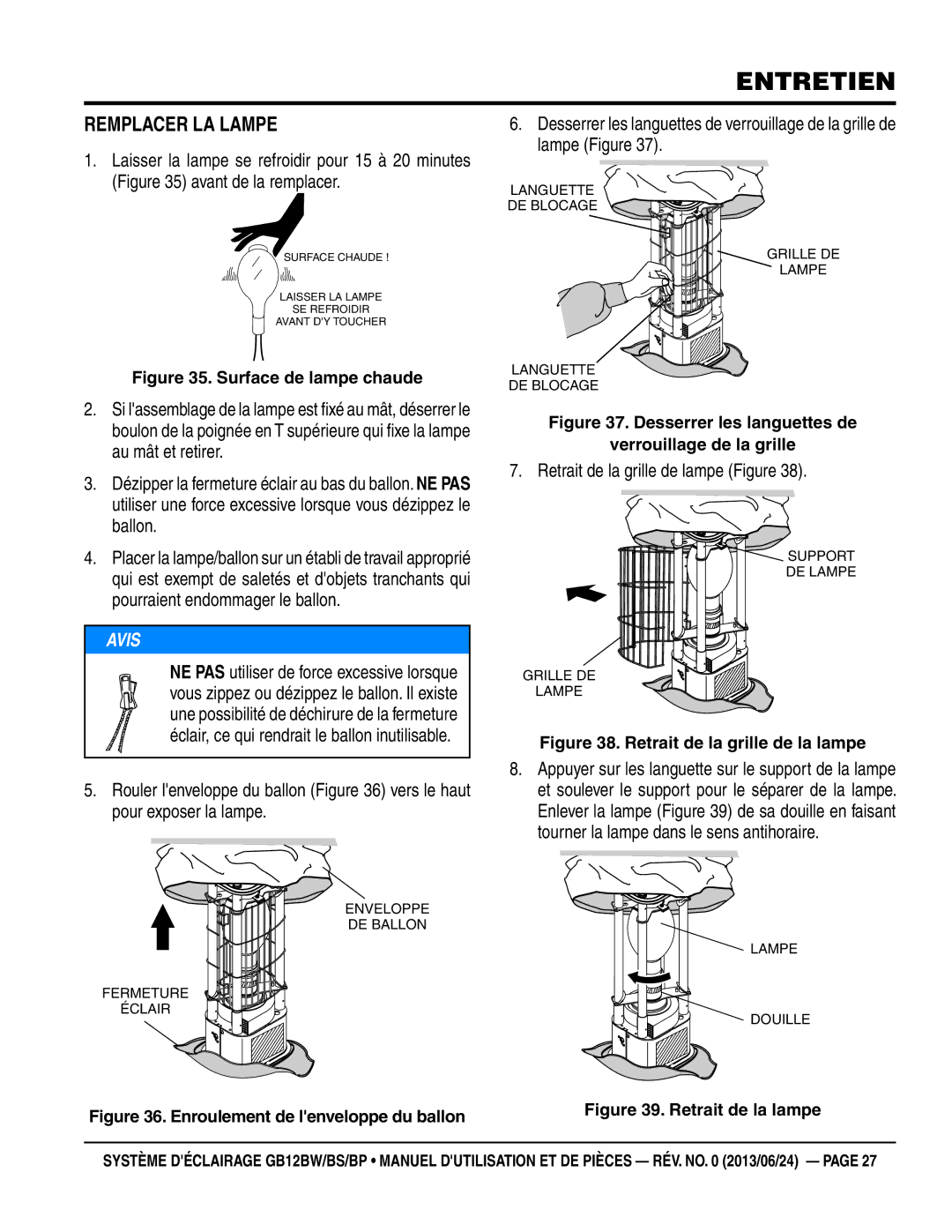 Multiquip GB12BW, GB12BP, GB12BS manuel dutilisation Entretien, Remplacer la lampe 