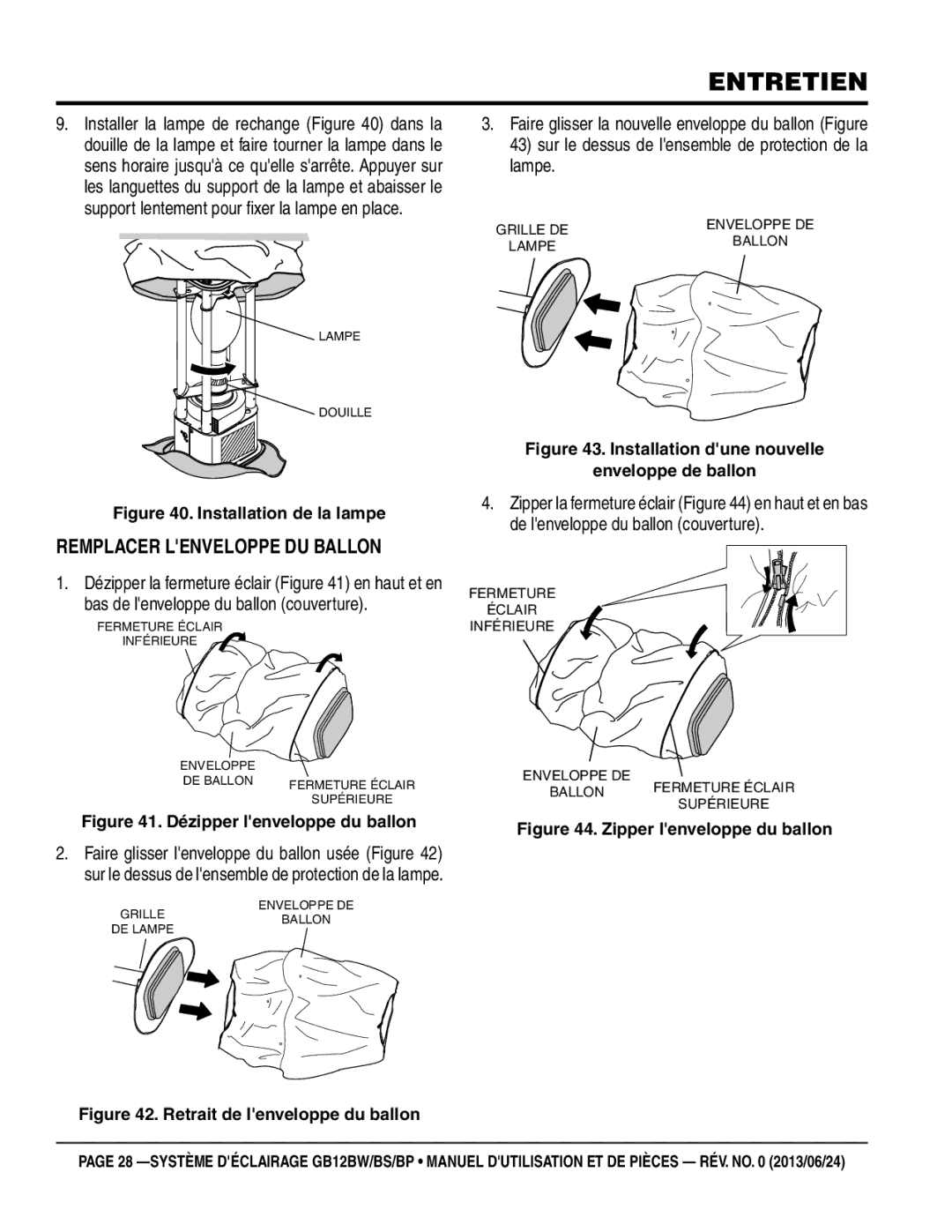 Multiquip GB12BP, GB12BW, GB12BS manuel dutilisation Remplacer lenveloppe du ballon, Installation de la lampe 