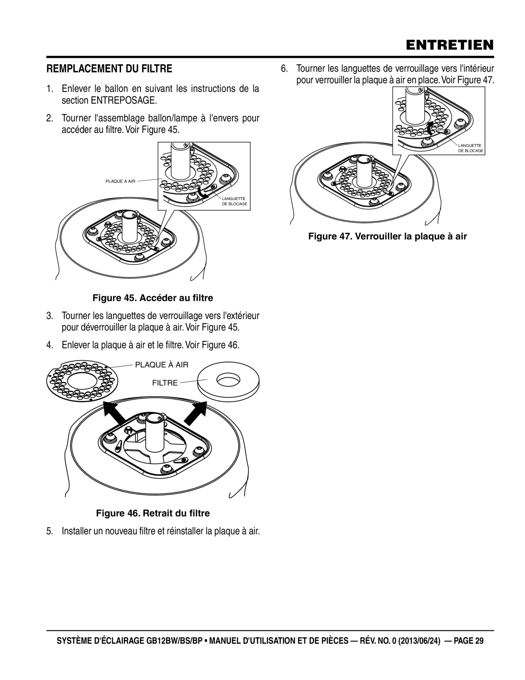 Multiquip GB12BS, GB12BW, GB12BP manuel dutilisation Remplacement du filtre, Verrouiller la plaque à air 