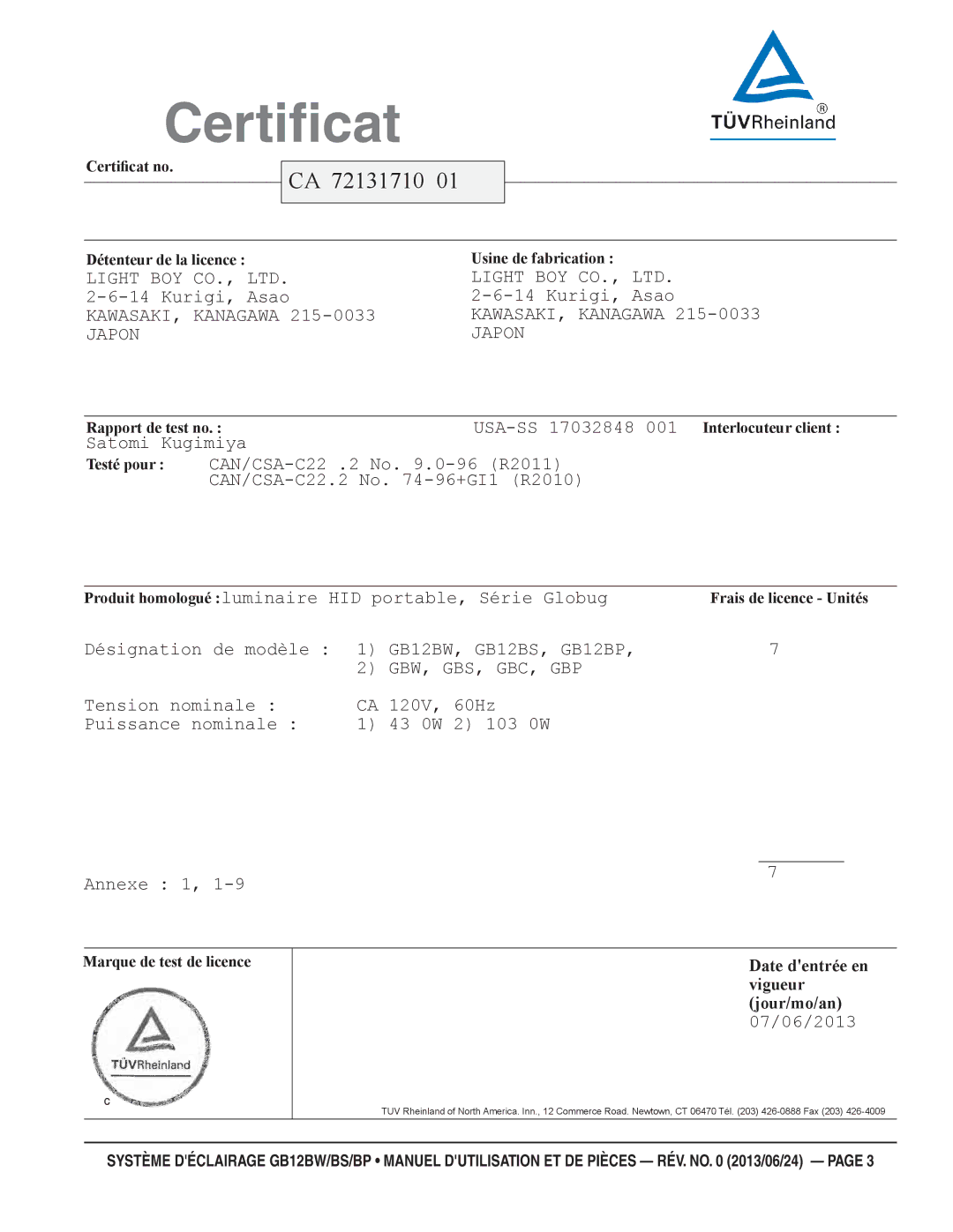 Multiquip GB12BW, GB12BP, GB12BS manuel dutilisation Certificat 