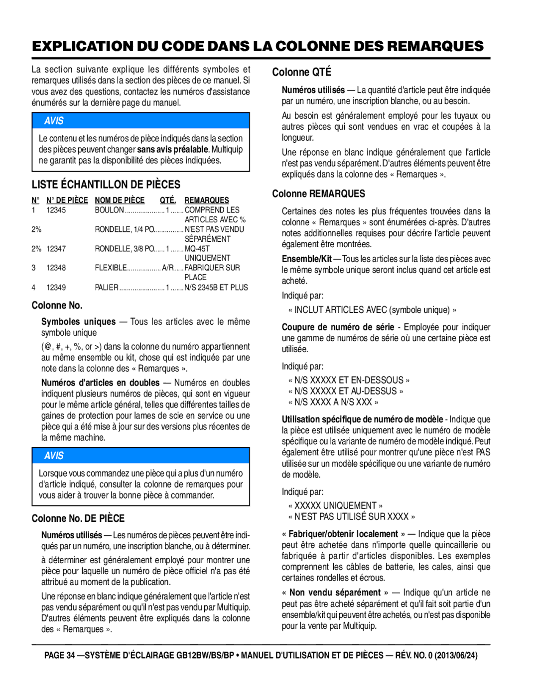 Multiquip GB12BP, GB12BW Explication du code dans la colonne des remarques, LISTe ÉCHanTILLon De pIÈCeS, Colonne QTÉ 