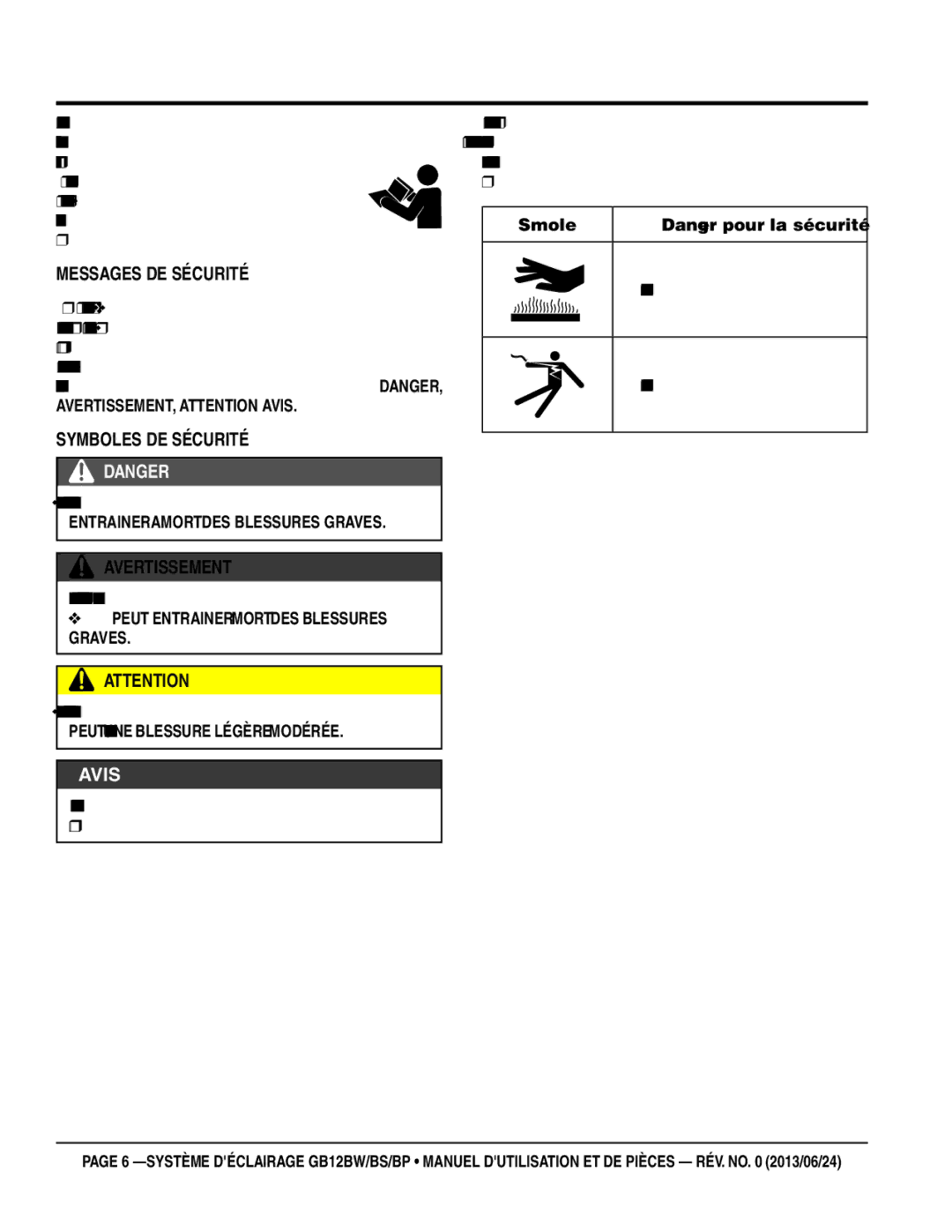 Multiquip GB12BW, GB12BP, GB12BS Renseignements sur la sécurité, MeSSageS De SÉCuRITÉ, SYMboLeS De SÉCuRITÉ, AveRTISSeMenT 