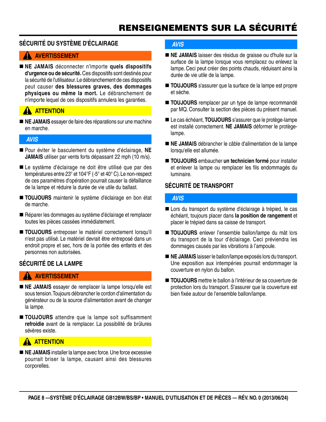 Multiquip GB12BS, GB12BW, GB12BP manuel dutilisation SÉCuRITÉ De TRanSpoRT, SÉCuRITÉ Du SYSTÈMe DÉCLaIRage aveRTISSeMenT 