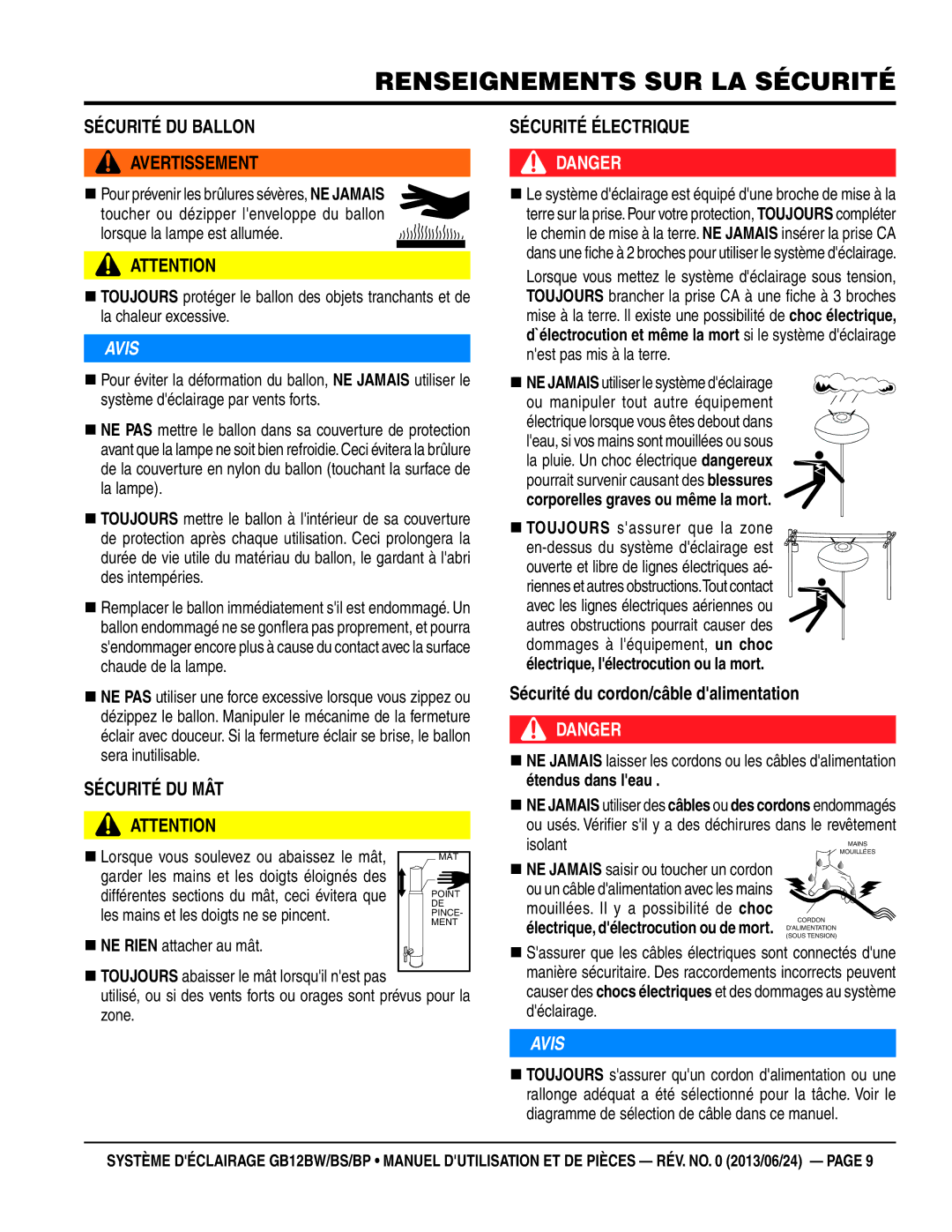 Multiquip GB12BW, GB12BP, GB12BS manuel dutilisation SÉCuRITÉ ÉLeCTRIQue, Sécurité du cordon/câble dalimentation 