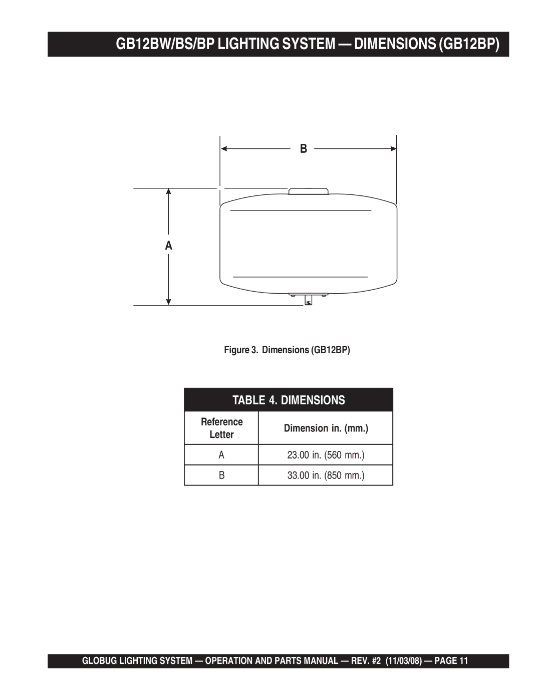 Multiquip manual GB12BW/BS/BP Lighting System Dimensions GB12BP 