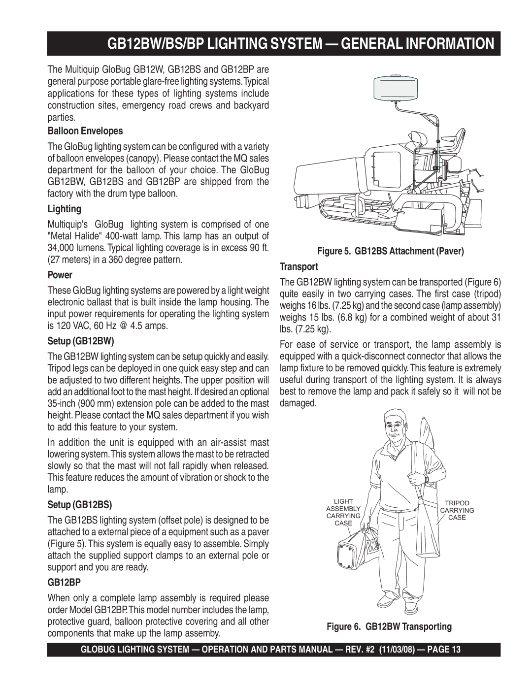 Multiquip manual GB12BW/BS/BP Lighting System General Information, GB12BP 