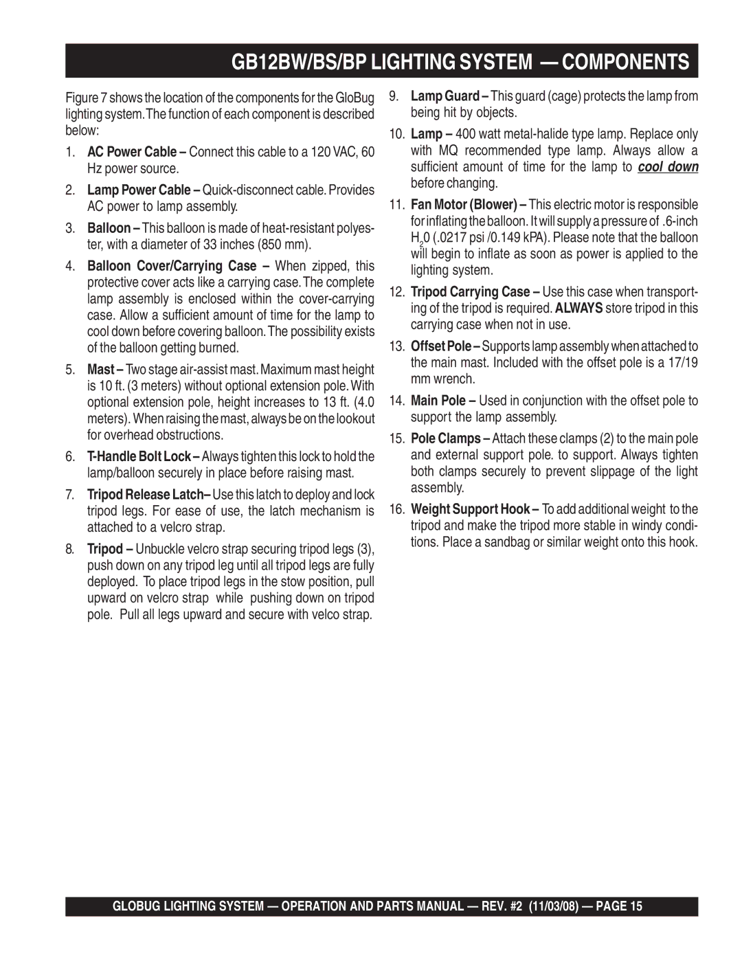 Multiquip manual GB12BW/BS/BP Lighting System Components 