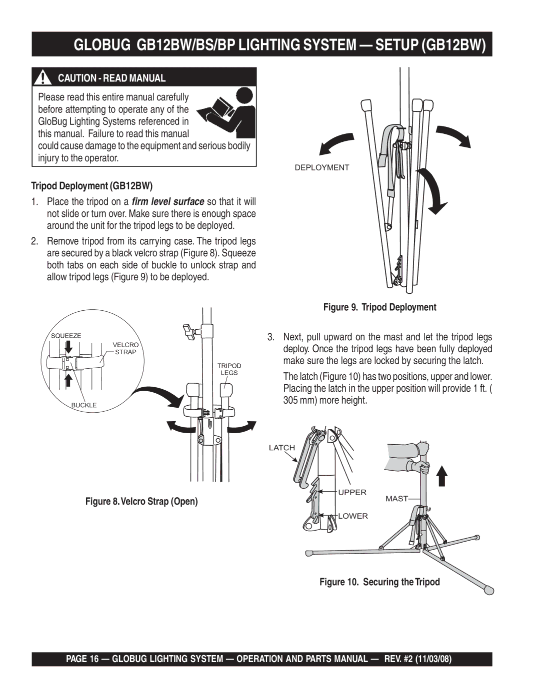 Multiquip manual Globug GB12BW/BS/BP Lighting System Setup GB12BW, Tripod Deployment GB12BW 