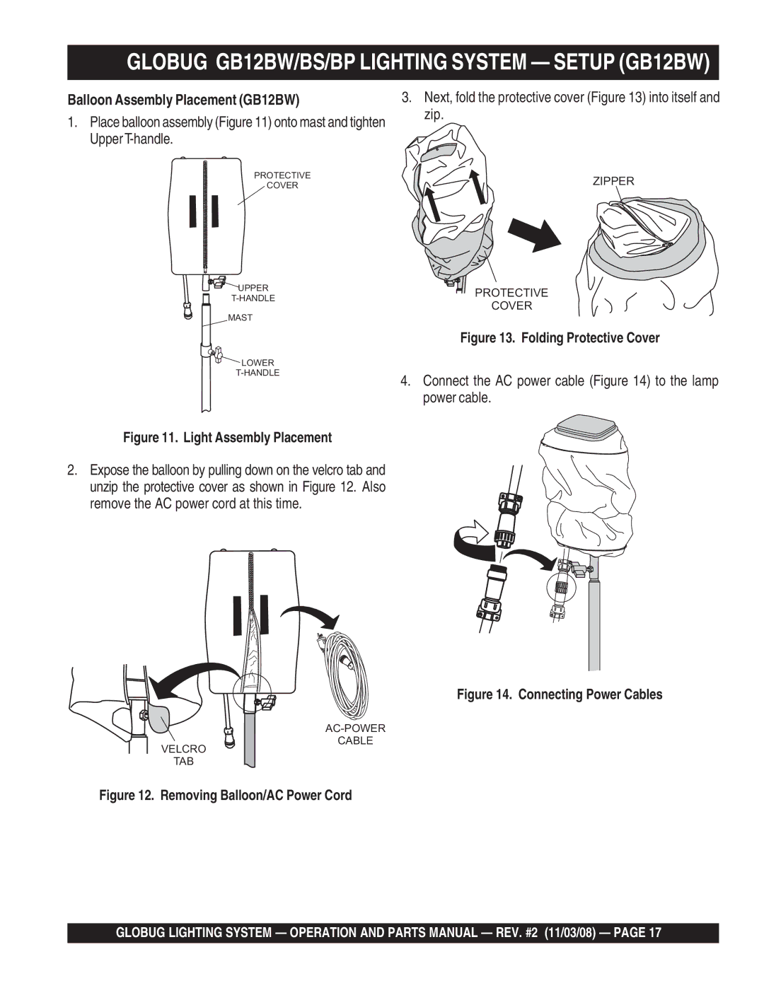 Multiquip manual Globug GB12BW/BS/BP Lighting System Setup GB12BW, Balloon Assembly Placement GB12BW 