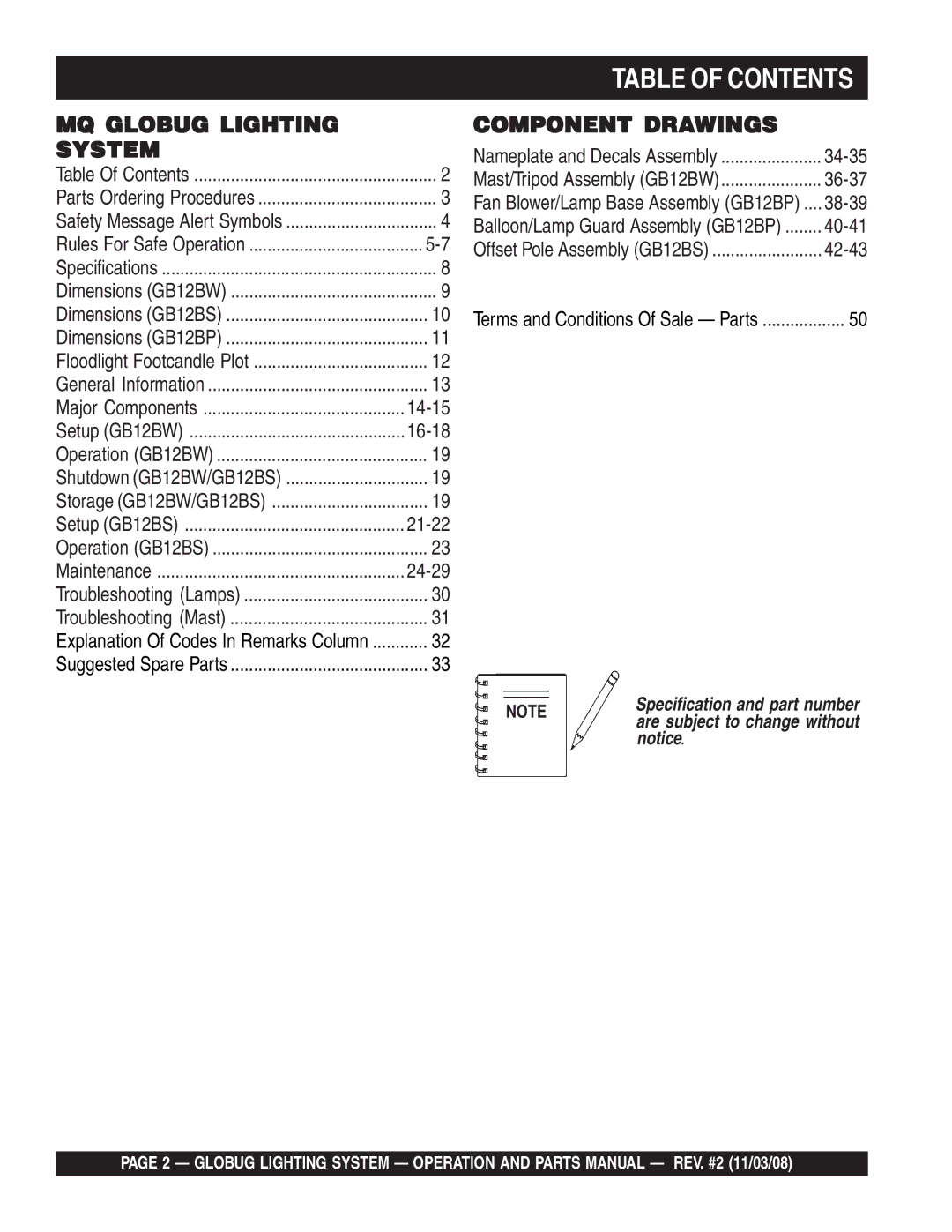 Multiquip GB12BW/BS/BP manual Table of Contents 