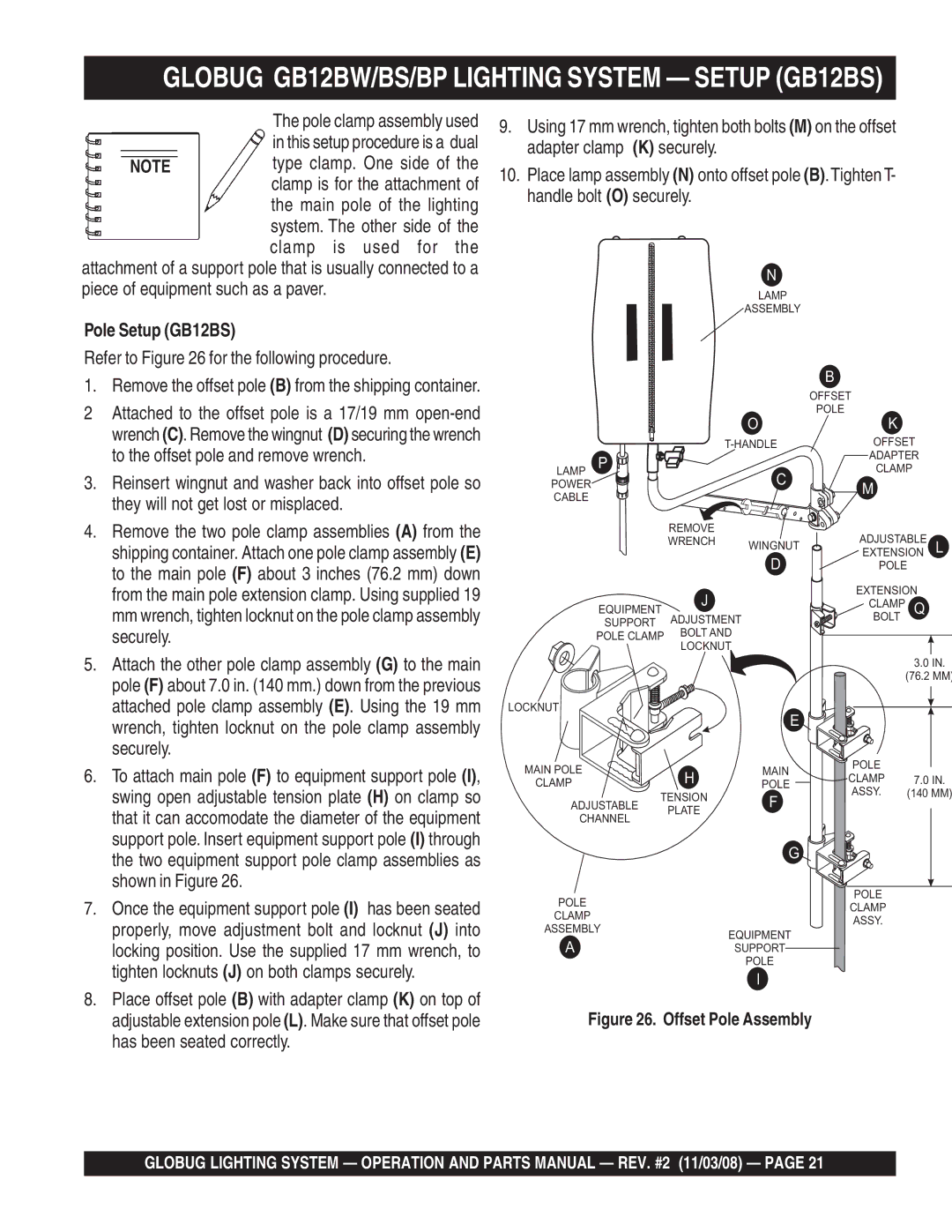 Multiquip Globug GB12BW/BS/BP Lighting System Setup GB12BS, Pole Setup GB12BS, Refer to for the following procedure 