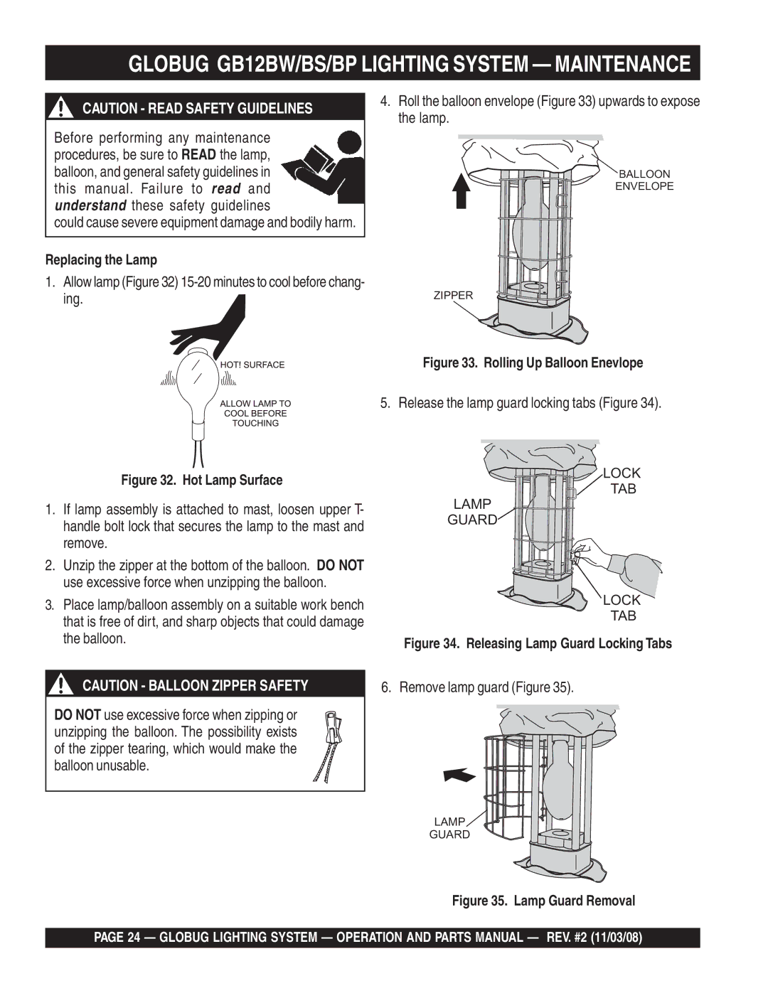 Multiquip manual Globug GB12BW/BS/BP Lighting System Maintenance, Release the lamp guard locking tabs Figure 