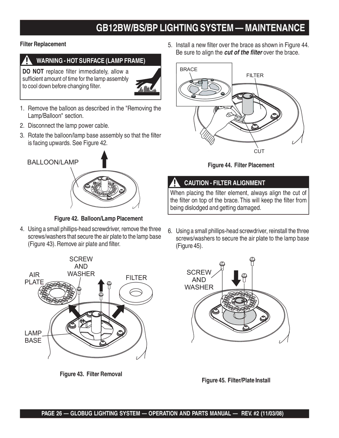 Multiquip manual GB12BW/BS/BP Lighting System Maintenance, Filter Replacement 