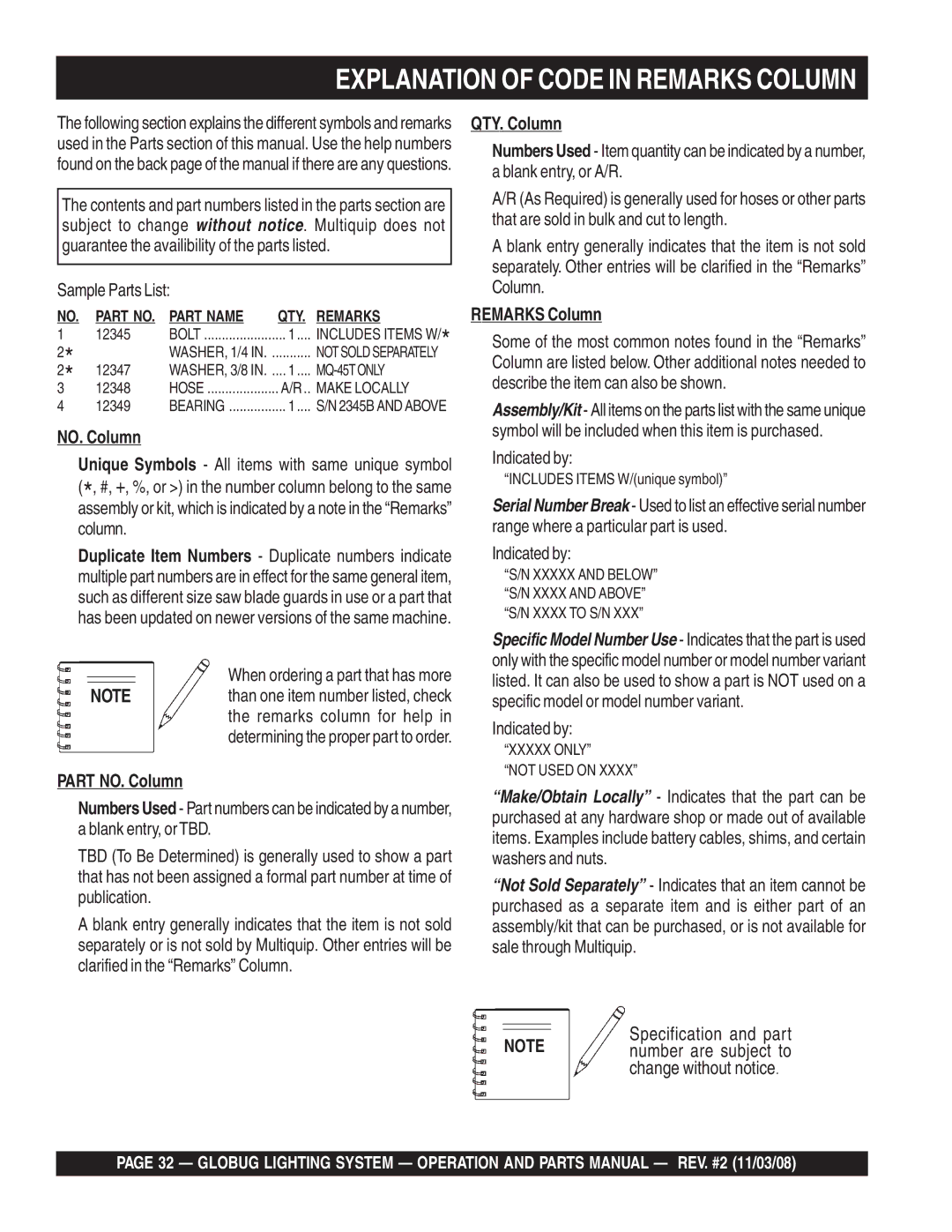 Multiquip GB12BW/BS/BP manual Explanation of Code in Remarks Column, Specification and part 