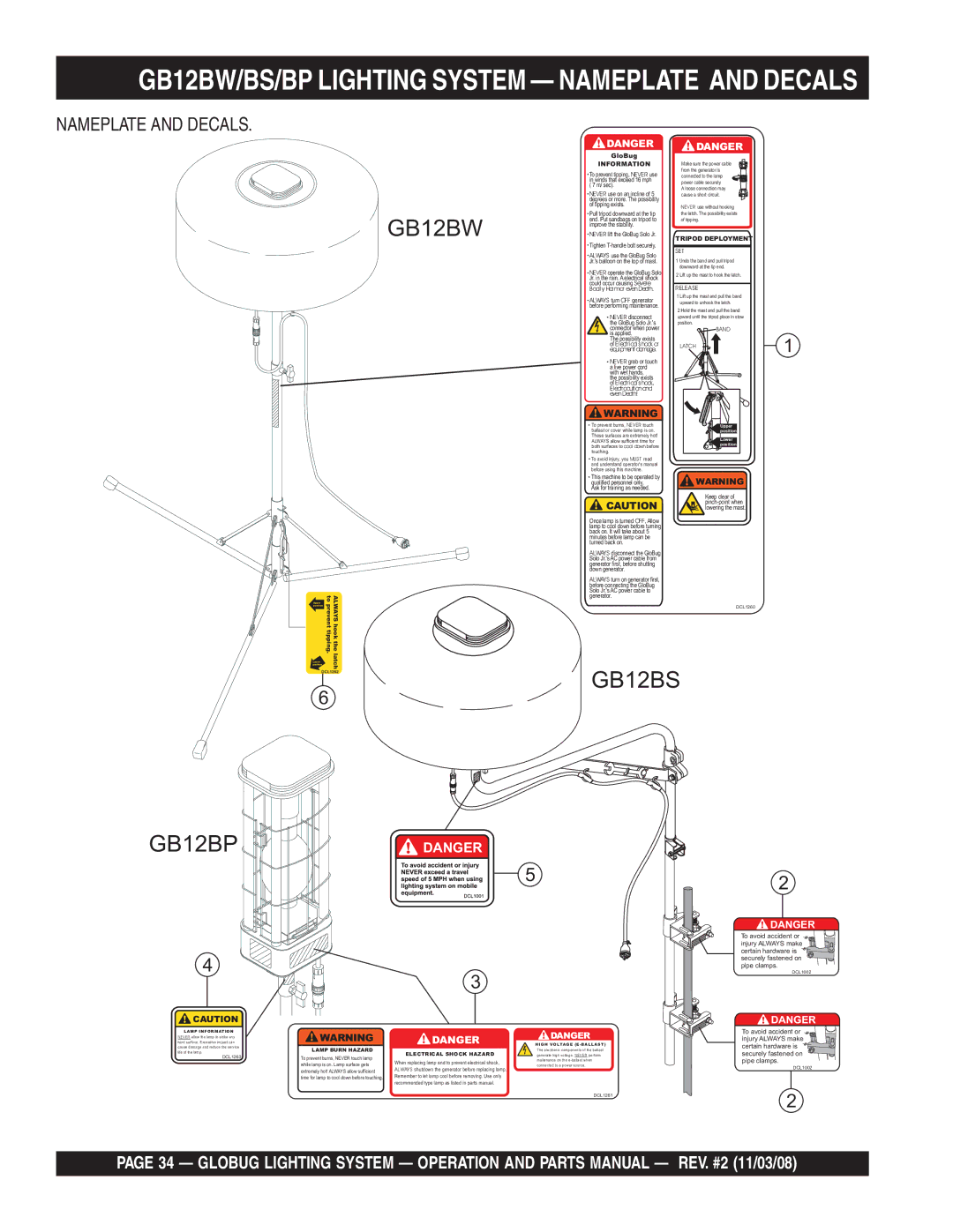 Multiquip manual GB12BW/BS/BP Lighting System Nameplate and Decals, Information 