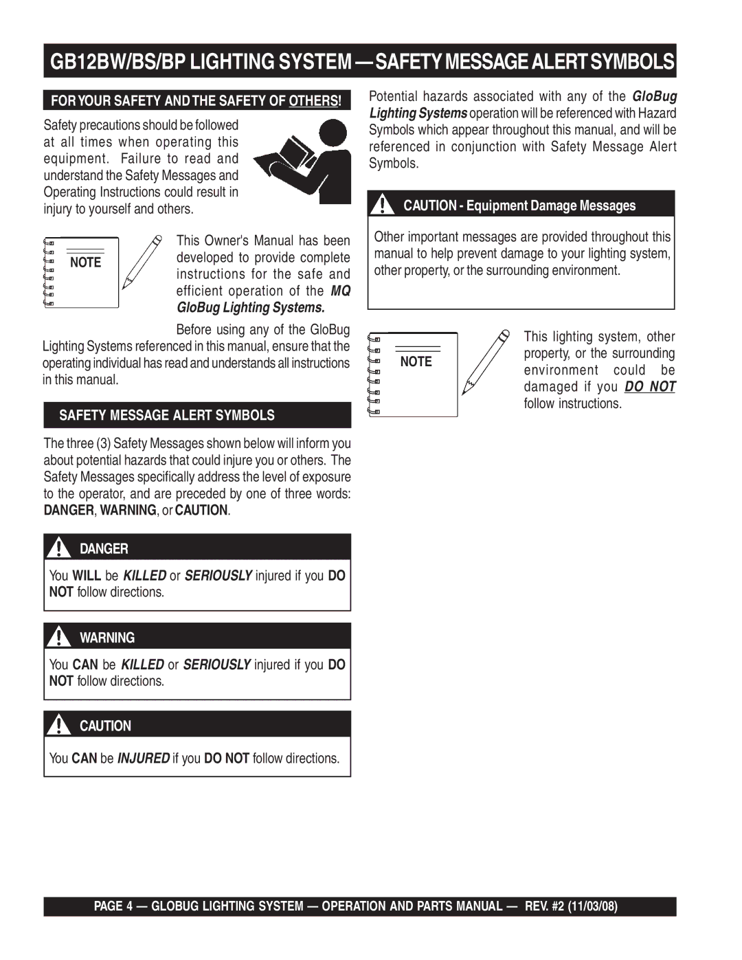 Multiquip manual GB12BW/BS/BP Lighting System -SAFETYMESSAGEALERTSYMBOLS, For Your Safety and the Safety of Others 