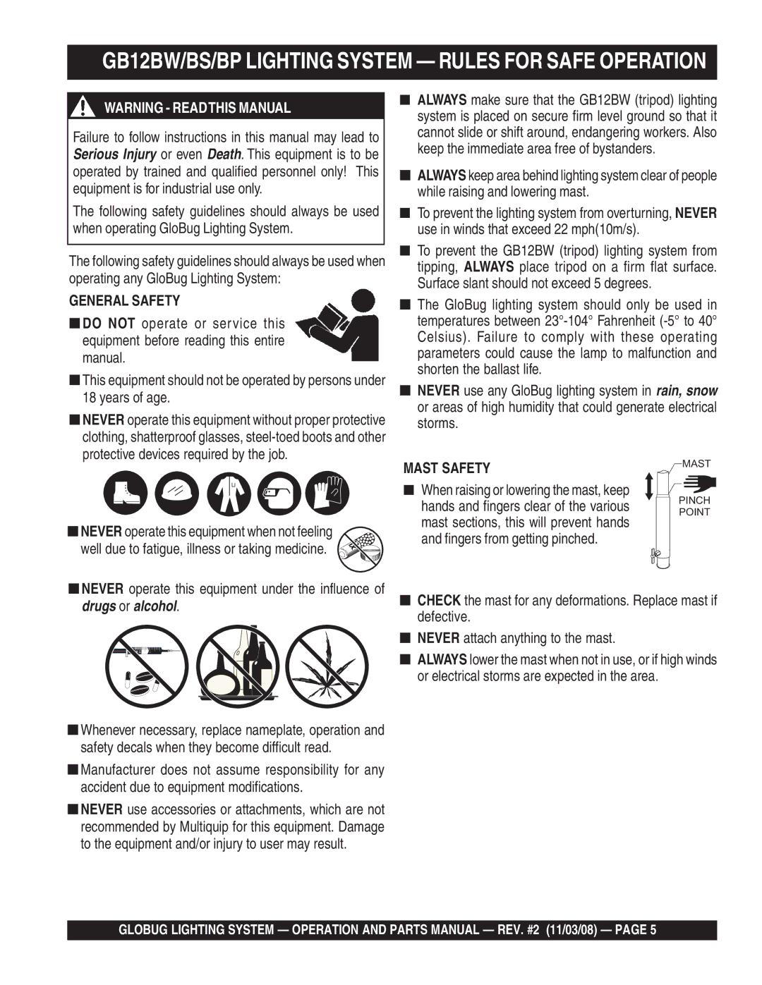 Multiquip manual GB12BW/BS/BP Lighting System Rules for Safe Operation, General Safety, Mast Safety 