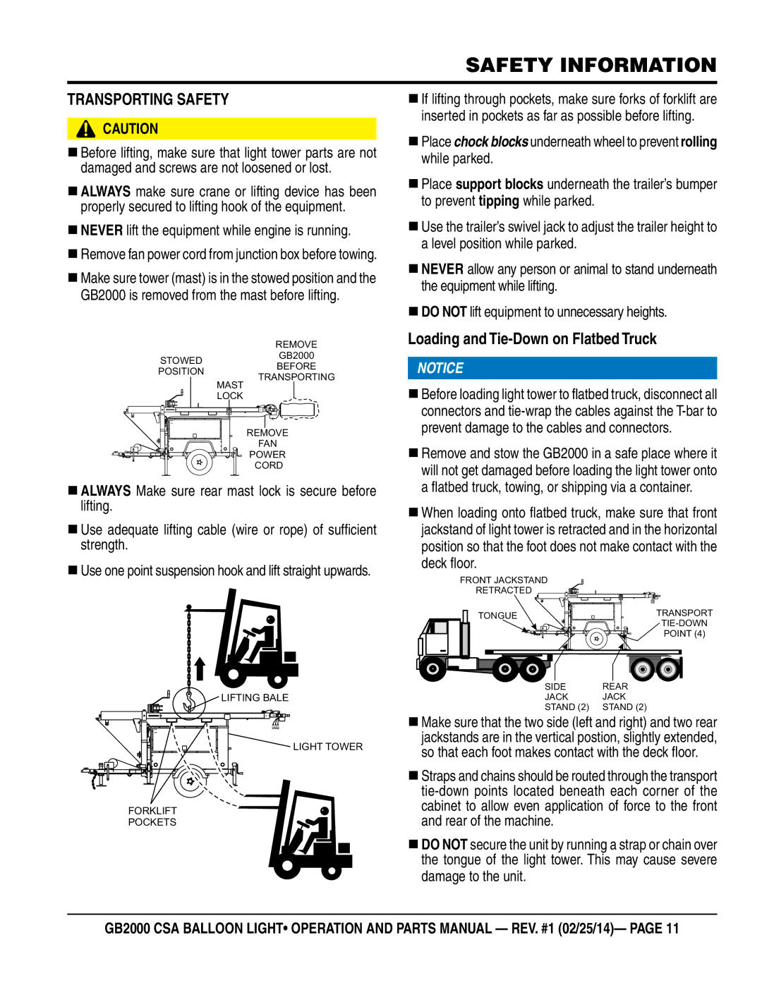 Multiquip GB2000 manual Transporting Safety,  Never lift the equipment while engine is running 