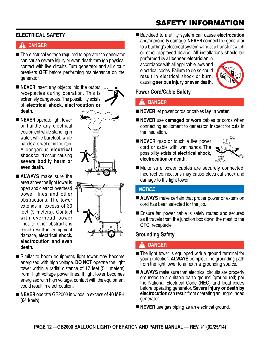 Multiquip manual Electrical Safety,  Never operate GB2000 in winds in excess of 40 MPH 64 km/h 