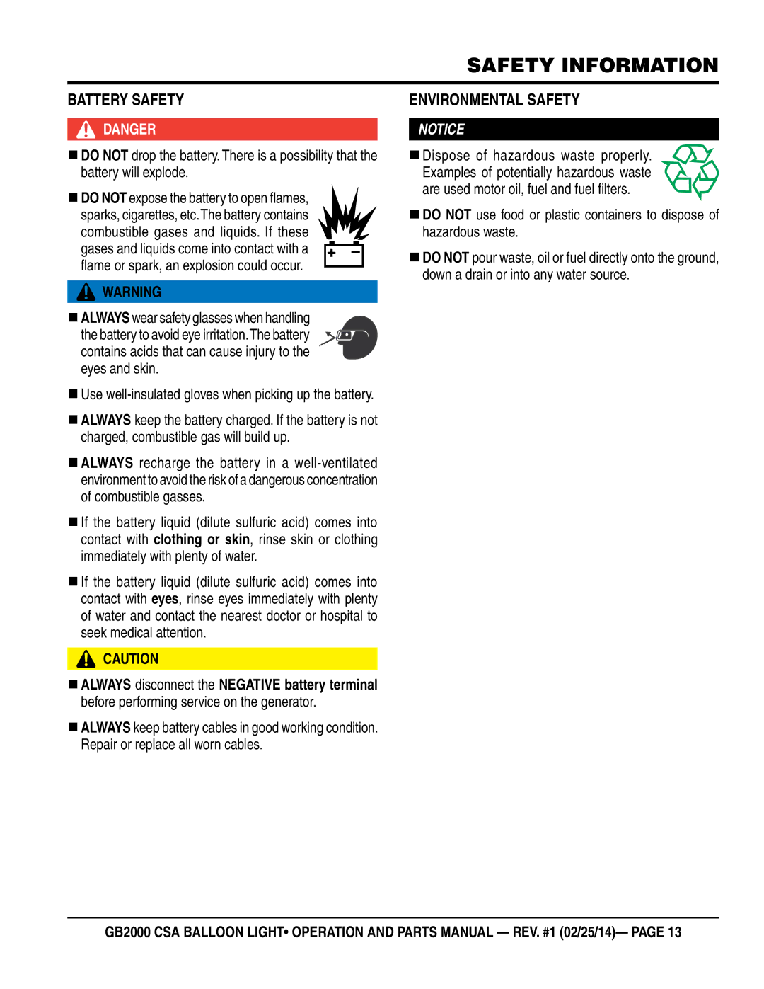 Multiquip GB2000 manual Battery Safety, Environmental Safety 