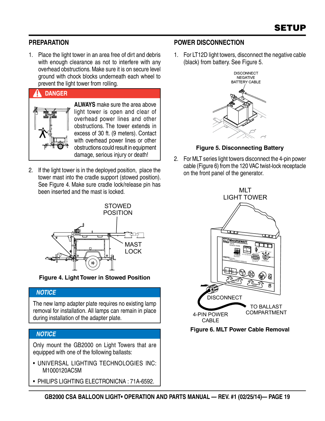 Multiquip GB2000 manual Setup, Preparation, Power Disconnection, MLT Light Tower 