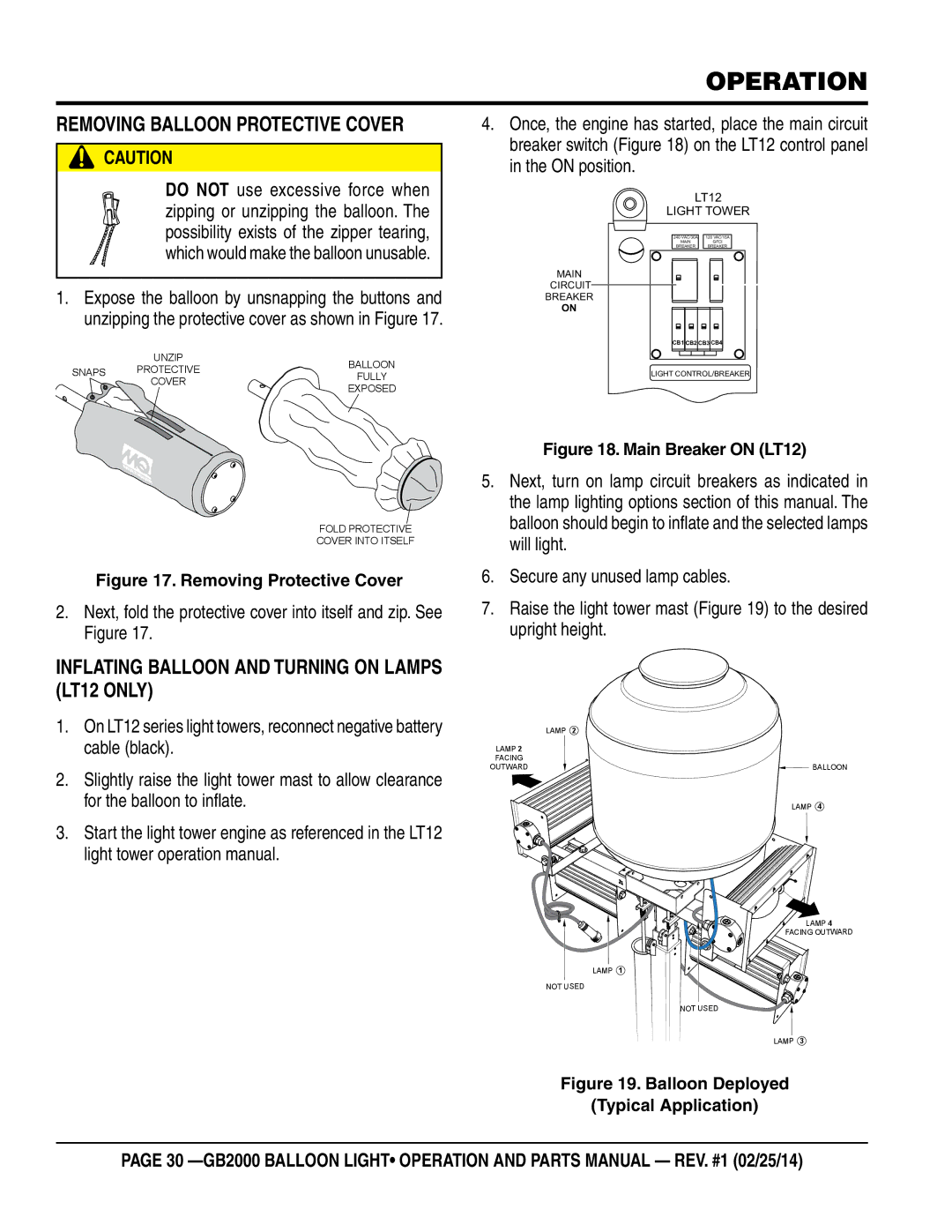 Multiquip GB2000 manual Operation, Removing Balloon Protective Cover, Inflating Balloon and Turning on Lamps LT12 only 