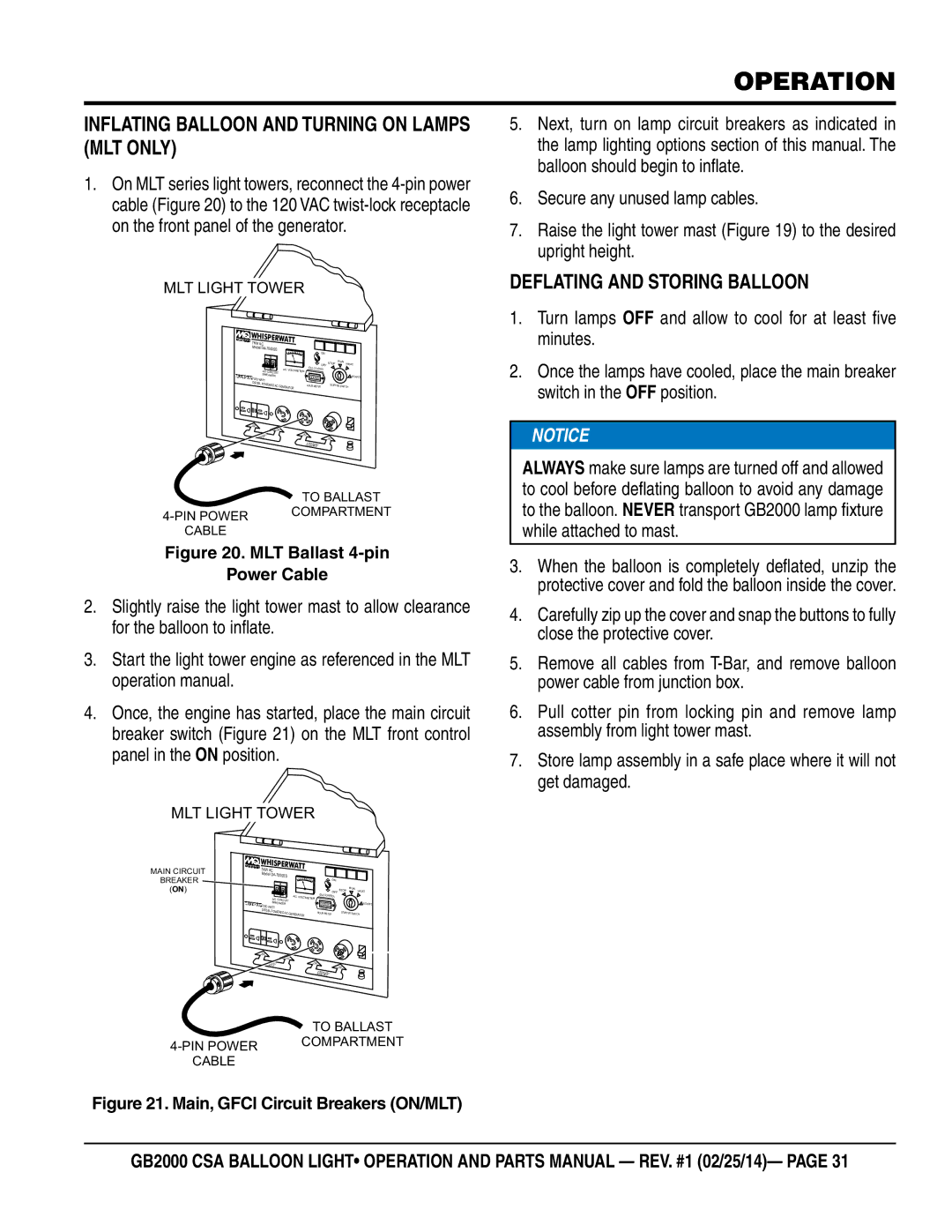 Multiquip GB2000 manual Inflating Balloon and Turning on Lamps MLT only, Deflating and Storing Balloon 