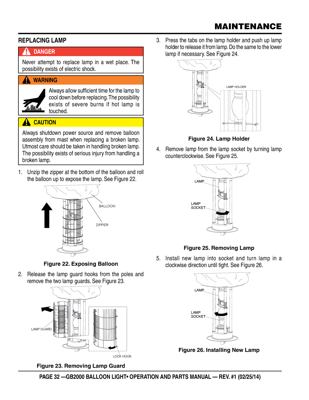 Multiquip GB2000 manual Maintenance, Replacing Lamp 