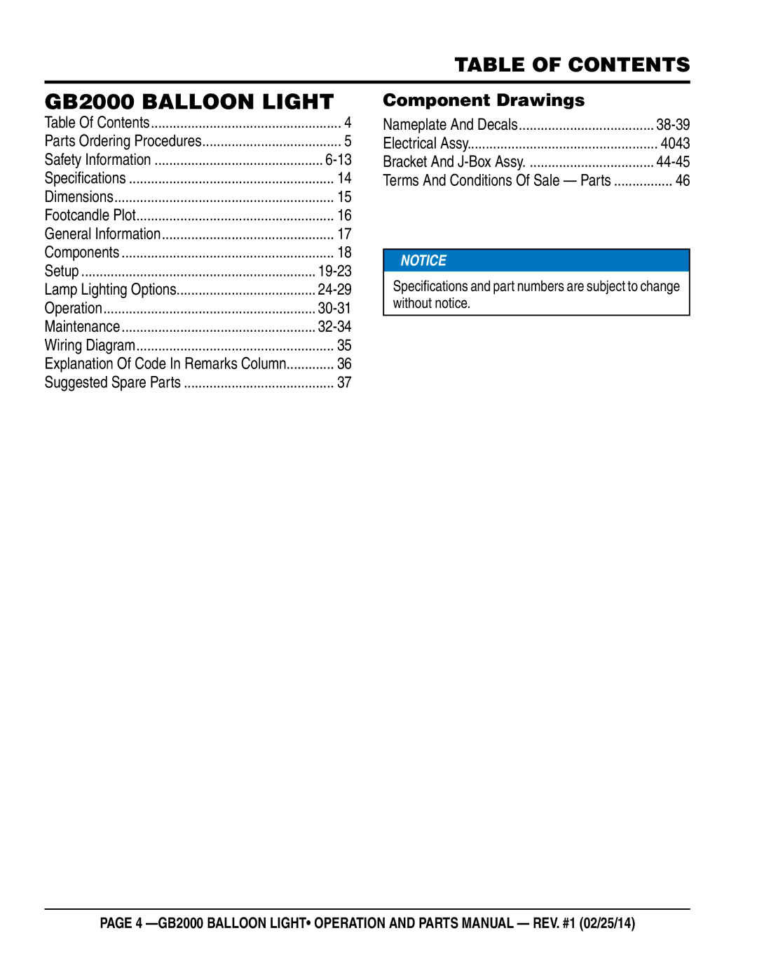 Multiquip manual GB2000 Balloon Light, Table of Contents 