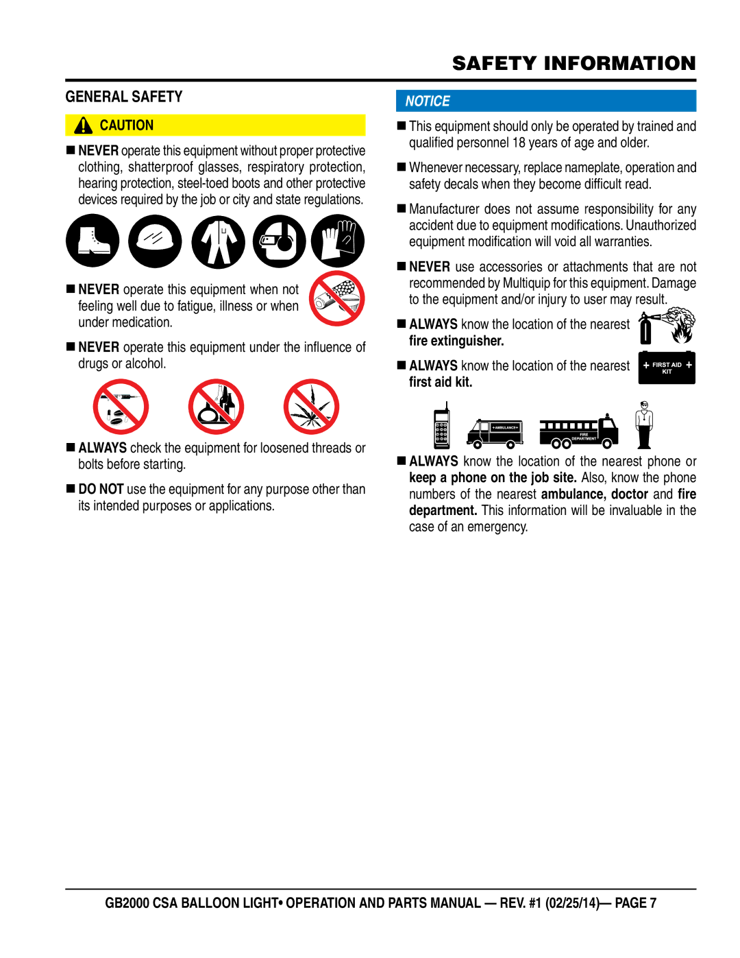 Multiquip GB2000 manual General Safety 