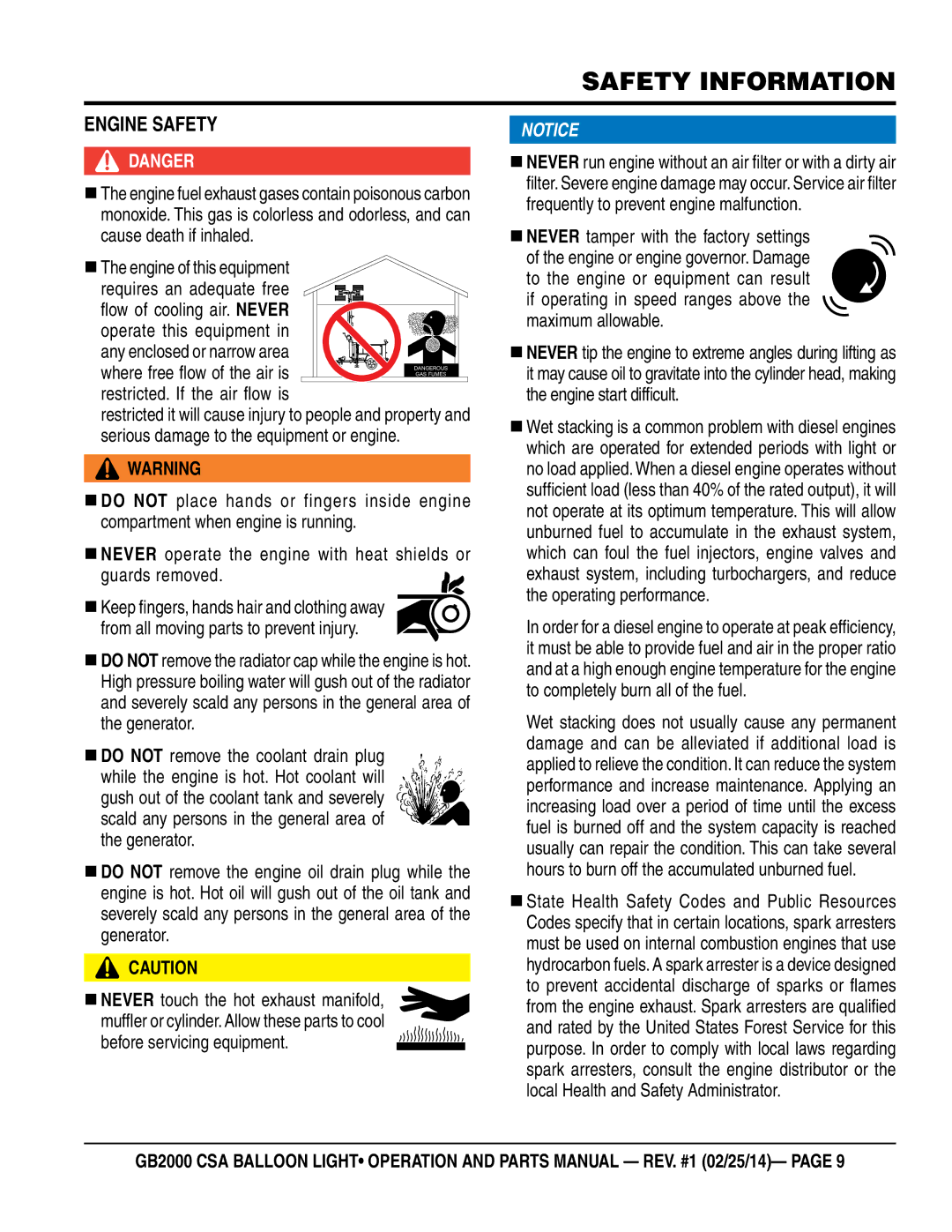 Multiquip GB2000 manual Engine Safety, Any enclosed or narrow area 