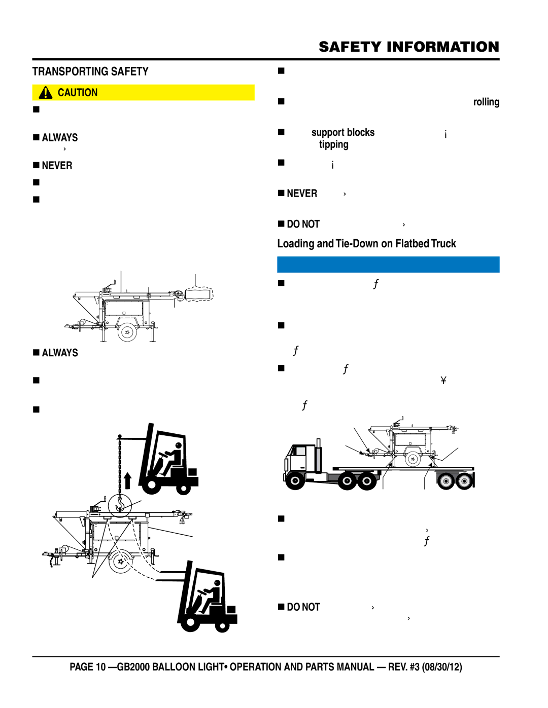 Multiquip GB2000 manual TransporTing saFeTy,  never lift the equipment while engine is running 