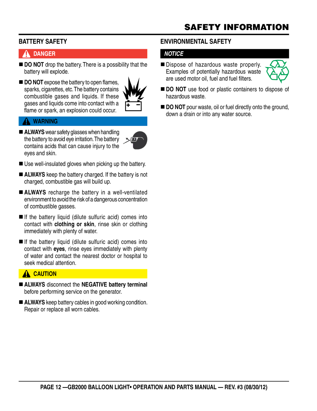 Multiquip GB2000 manual BaTTery saFeTy, EnvironmenTal saFeTy 