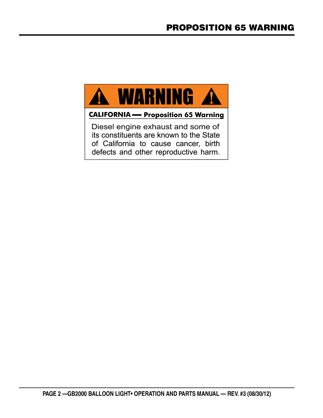 Multiquip GB2000 manual Proposition 65 warning 