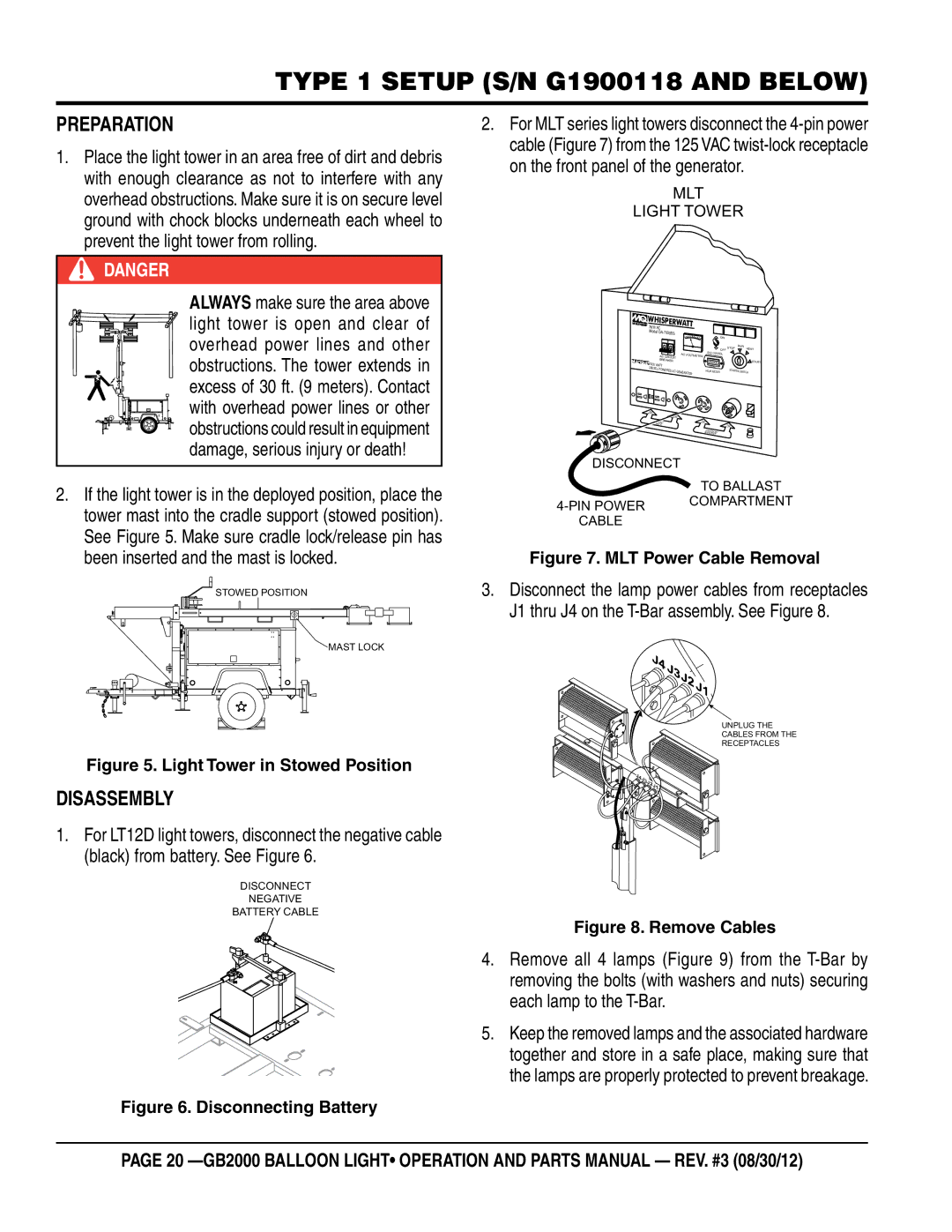 Multiquip GB2000 manual Type 1 setup S/N G1900118 and below, PReparation, Disassembly 