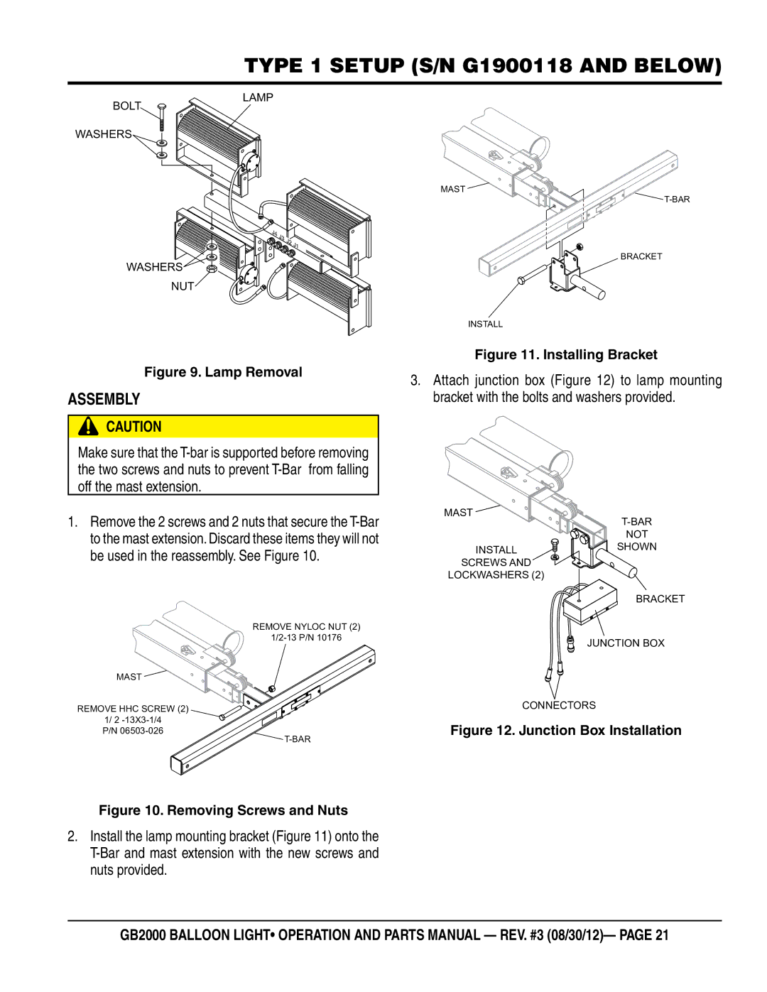 Multiquip GB2000 manual Assembly, Lamp Removal 