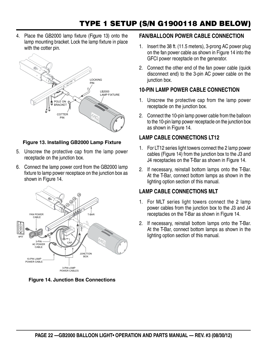 Multiquip GB2000 manual Fan/Balloon Power cable Connection, PIN Lamp Power cable Connection, Lamp cable connections lt12 