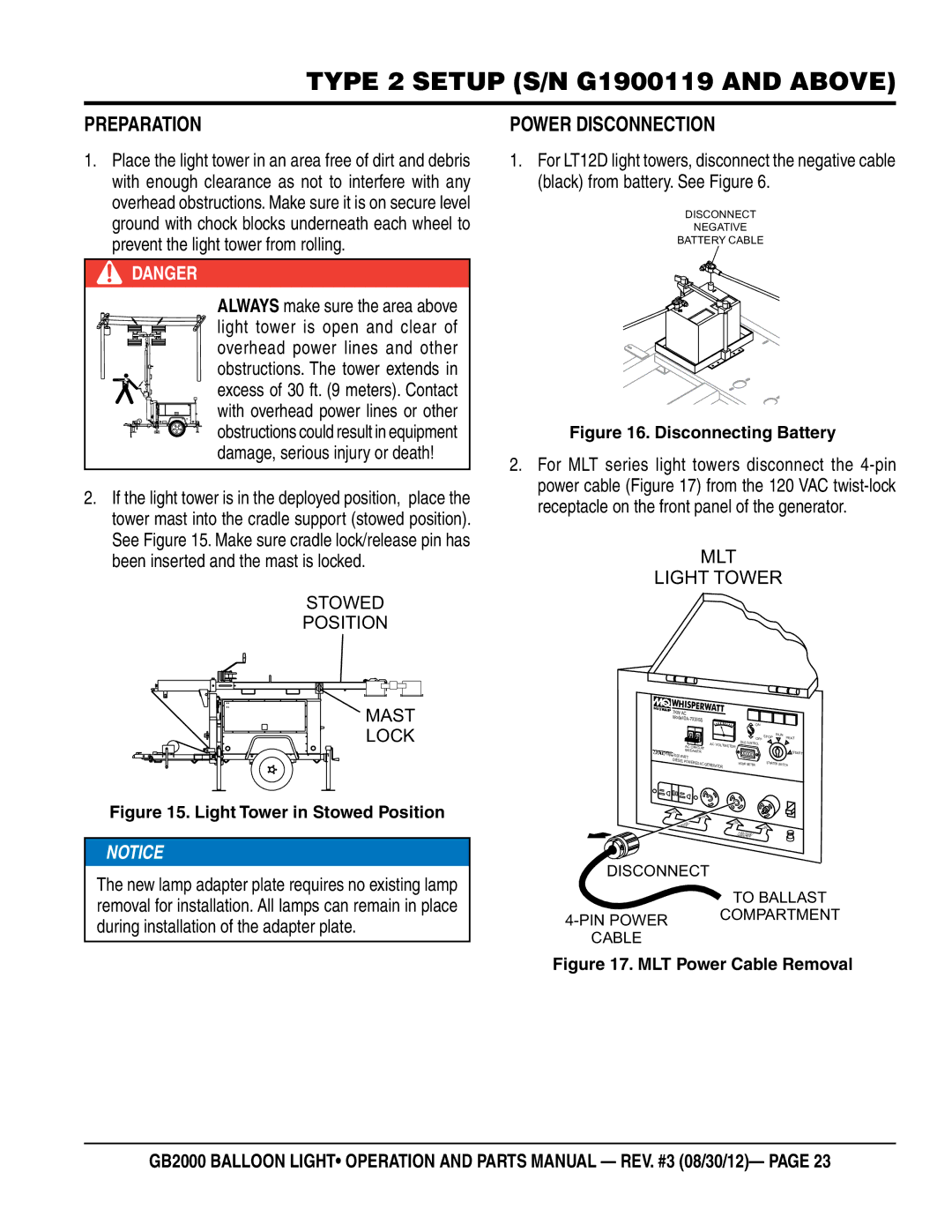 Multiquip GB2000 manual Type 2 setup S/N G1900119 and above, Power Disconnection 