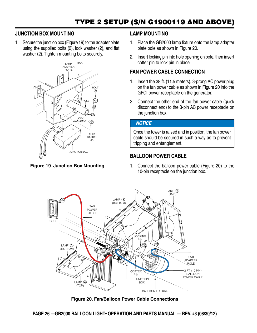 Multiquip GB2000 manual Junction box mounting, Lamp mounting, Fan power cable connection, Balloon Power cable 